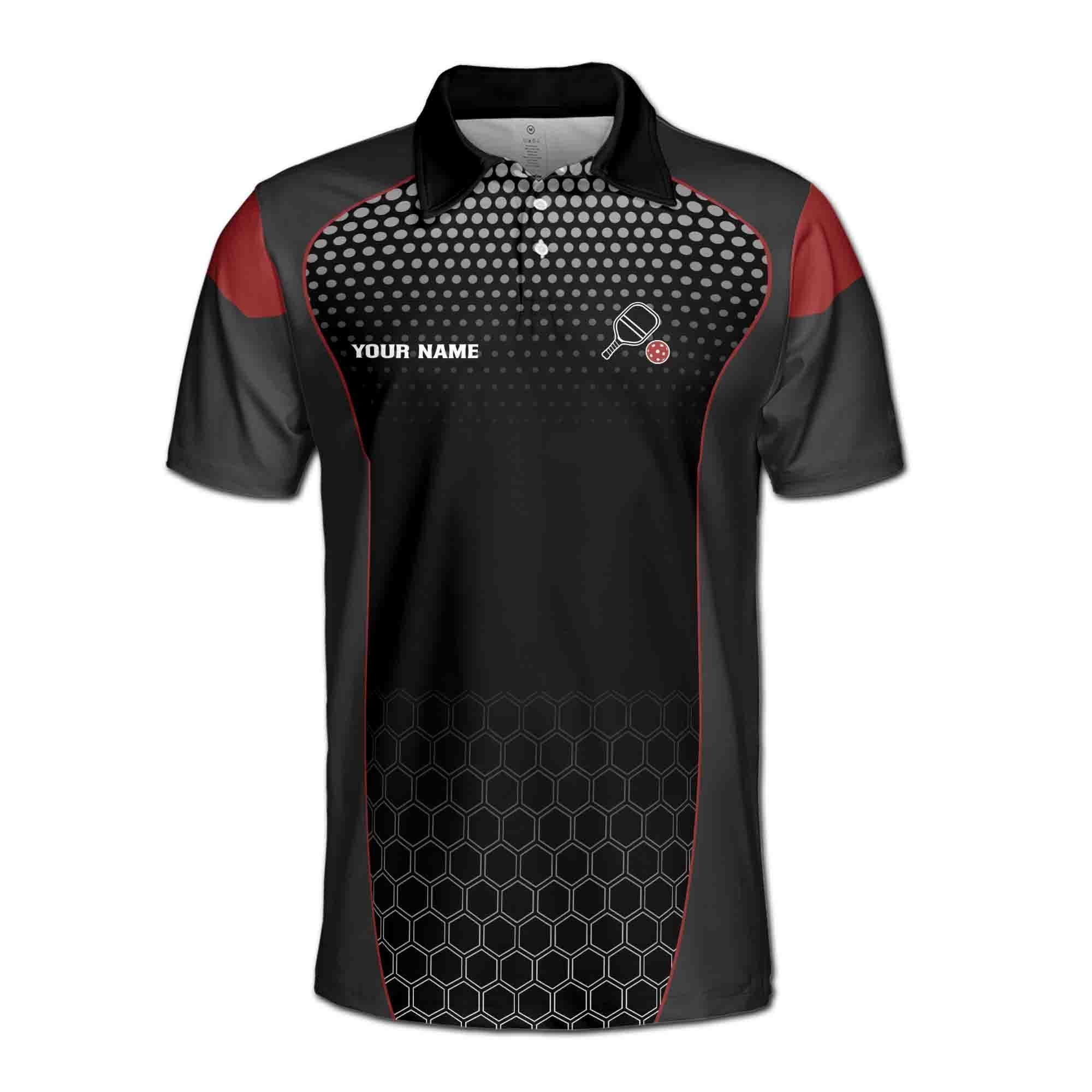 Alternative view of Personalizedize Name Pickleball Paddle Olive Wreath Hexagon Pattern Black Red 3D Men's Polo Shirt