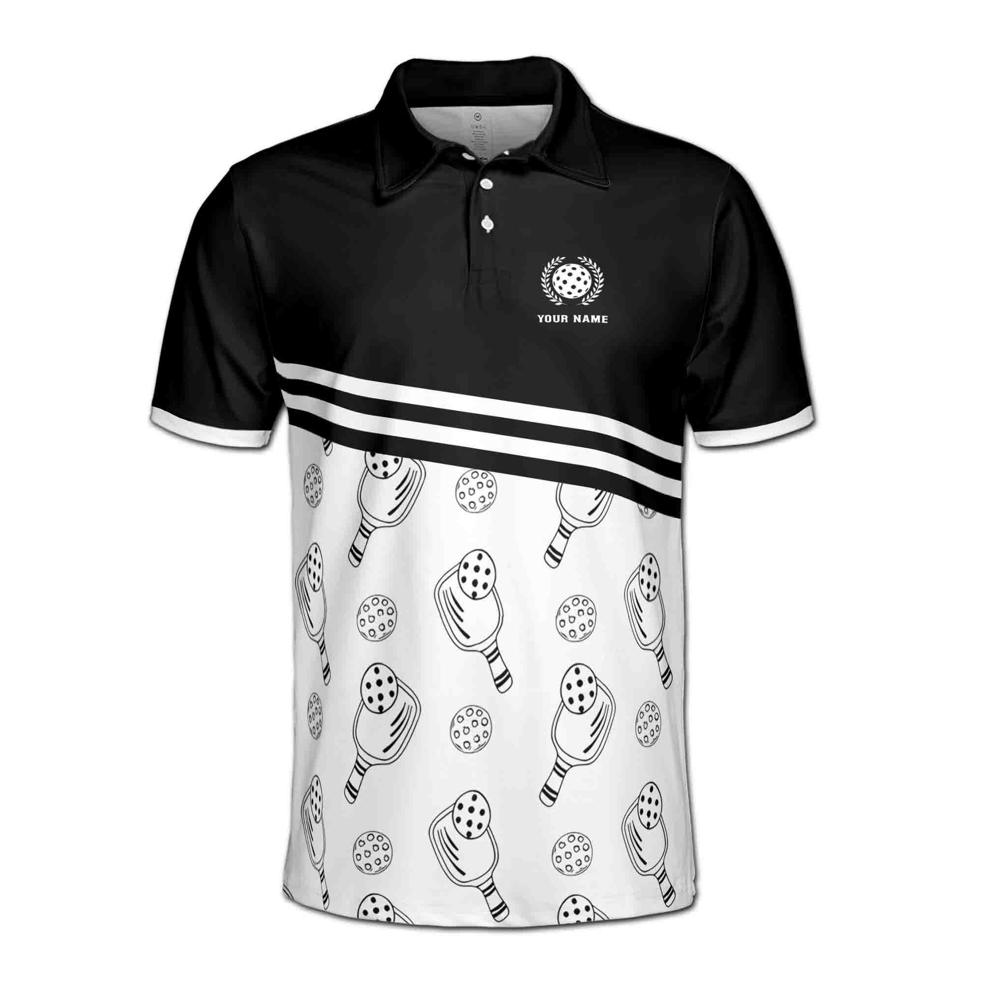 Alternative view of Personalizedize Name Pickleball Paddle Olive Wreath Pattern Black White 3D Men's Polo Shirt