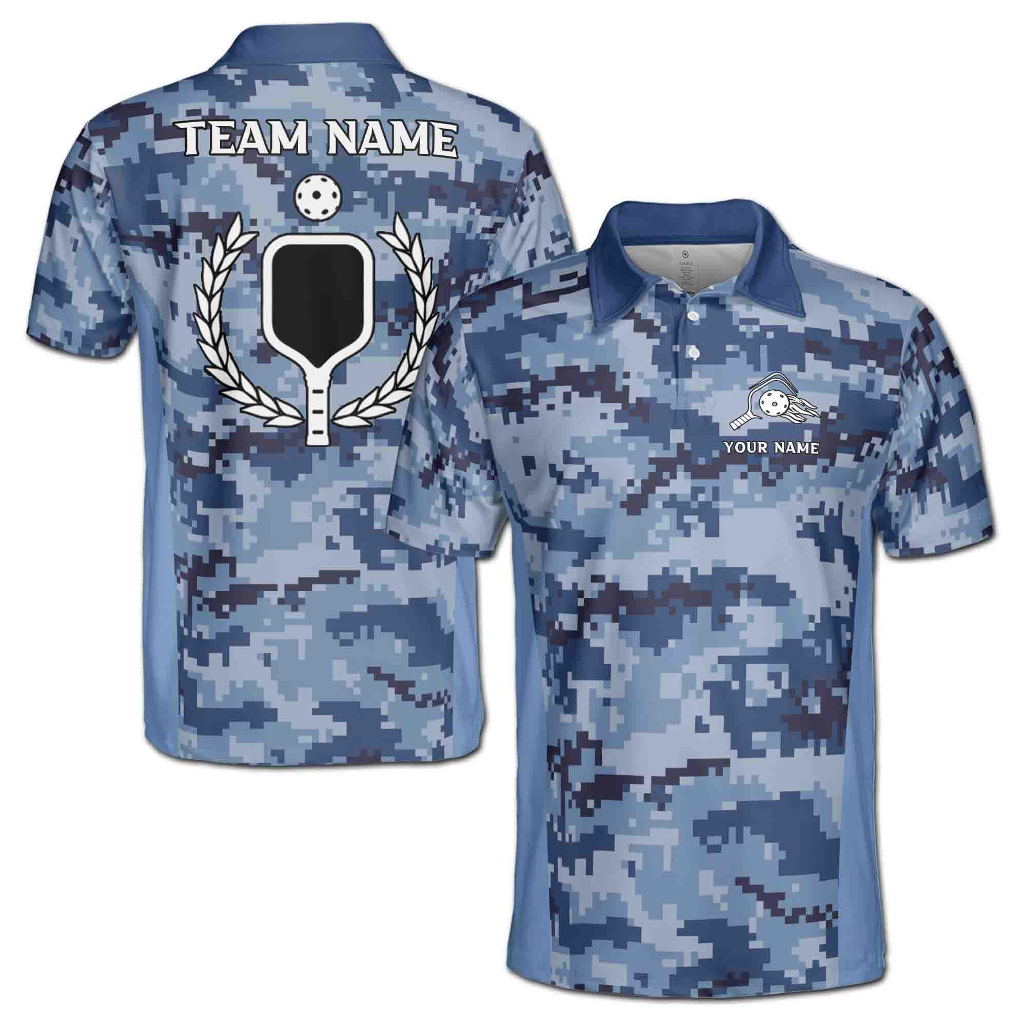 Personalizedize Name Pickleball Paddle Olive Wreath Pixel Camo Blue 3D Men's Polo Shirt