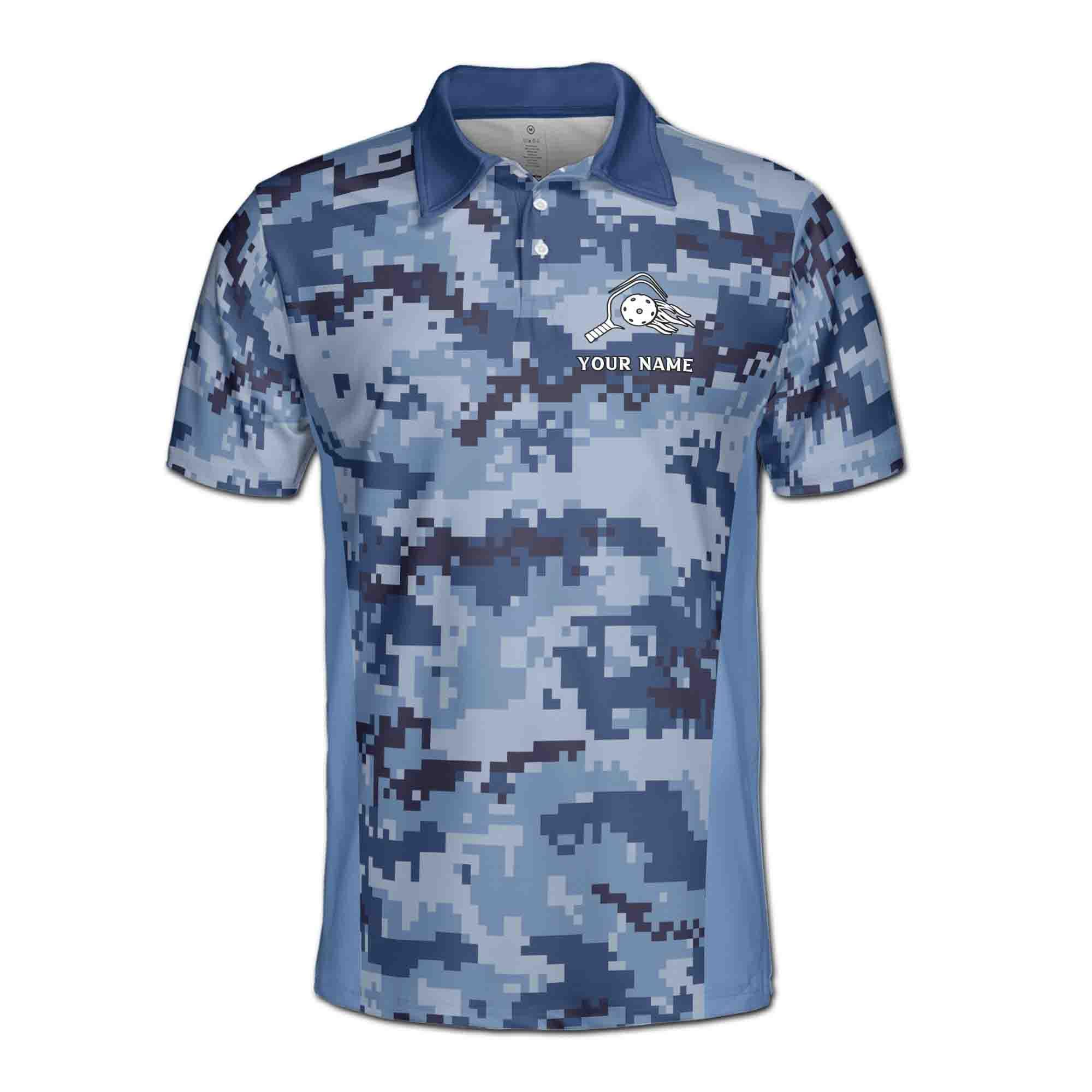 Alternative view of Personalizedize Name Pickleball Paddle Olive Wreath Pixel Camo Blue 3D Men's Polo Shirt