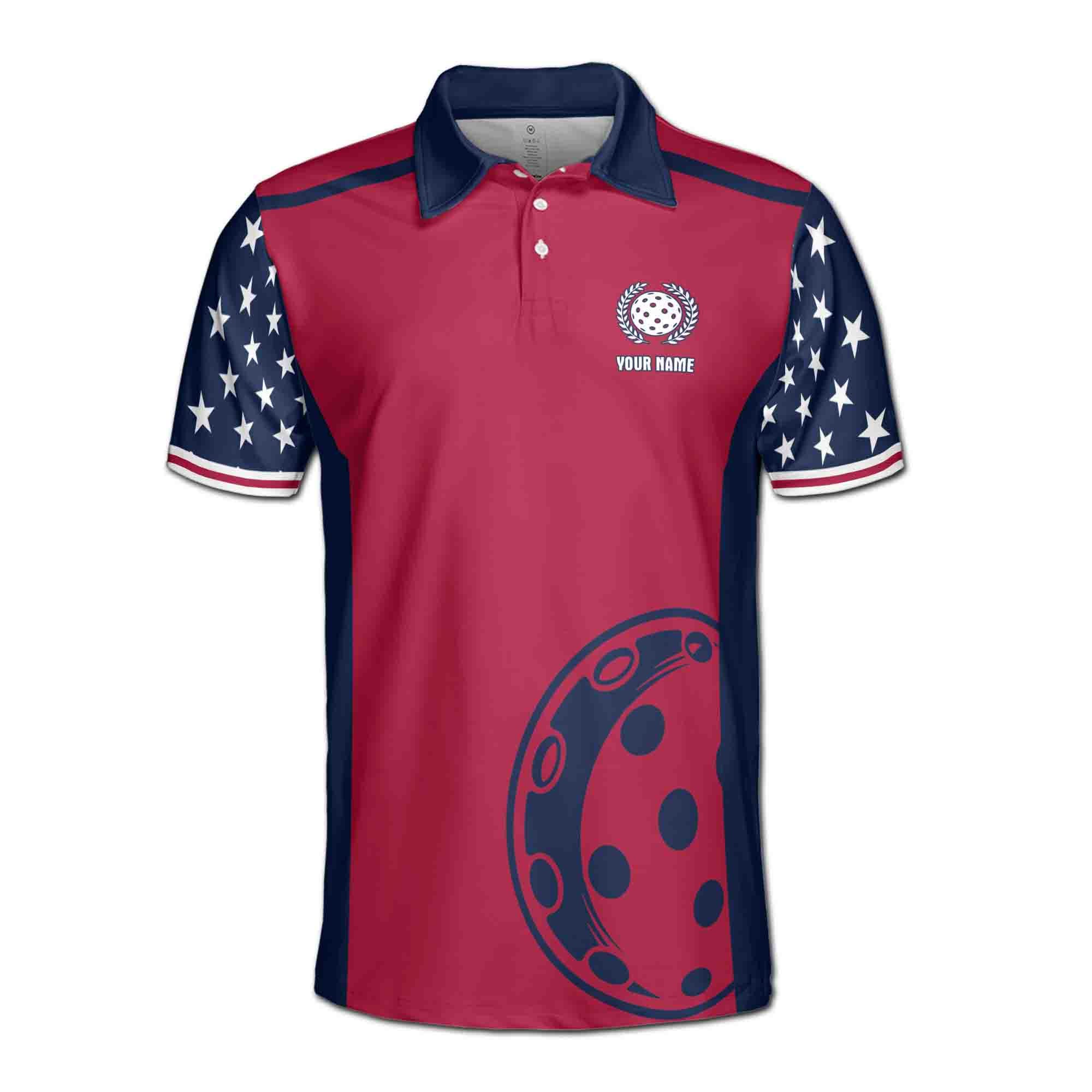 Alternative view of Personalizedize Name Pickleball Paddle Olive Wreath Stars Dark Blue Red 3D Men's Polo Shirt