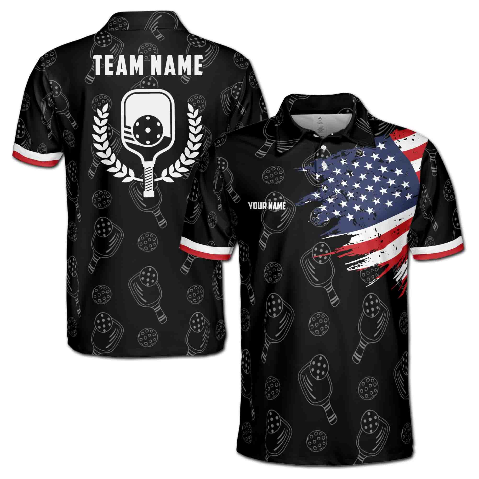 Personalizedize Name Pickleball Paddle Olive Wreath USA Flag Pattern Black 3D Men's Polo Shirt