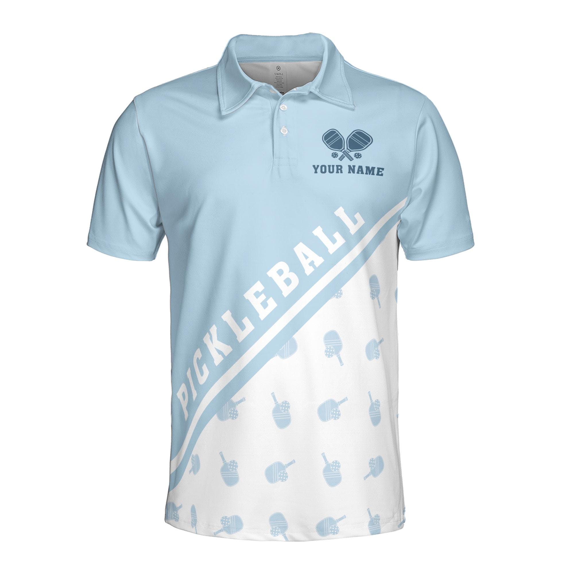 Alternative view of Personalizedize Name Pickleball Paddle Pattern White Sky Blue 3D Men's Polo Shirt