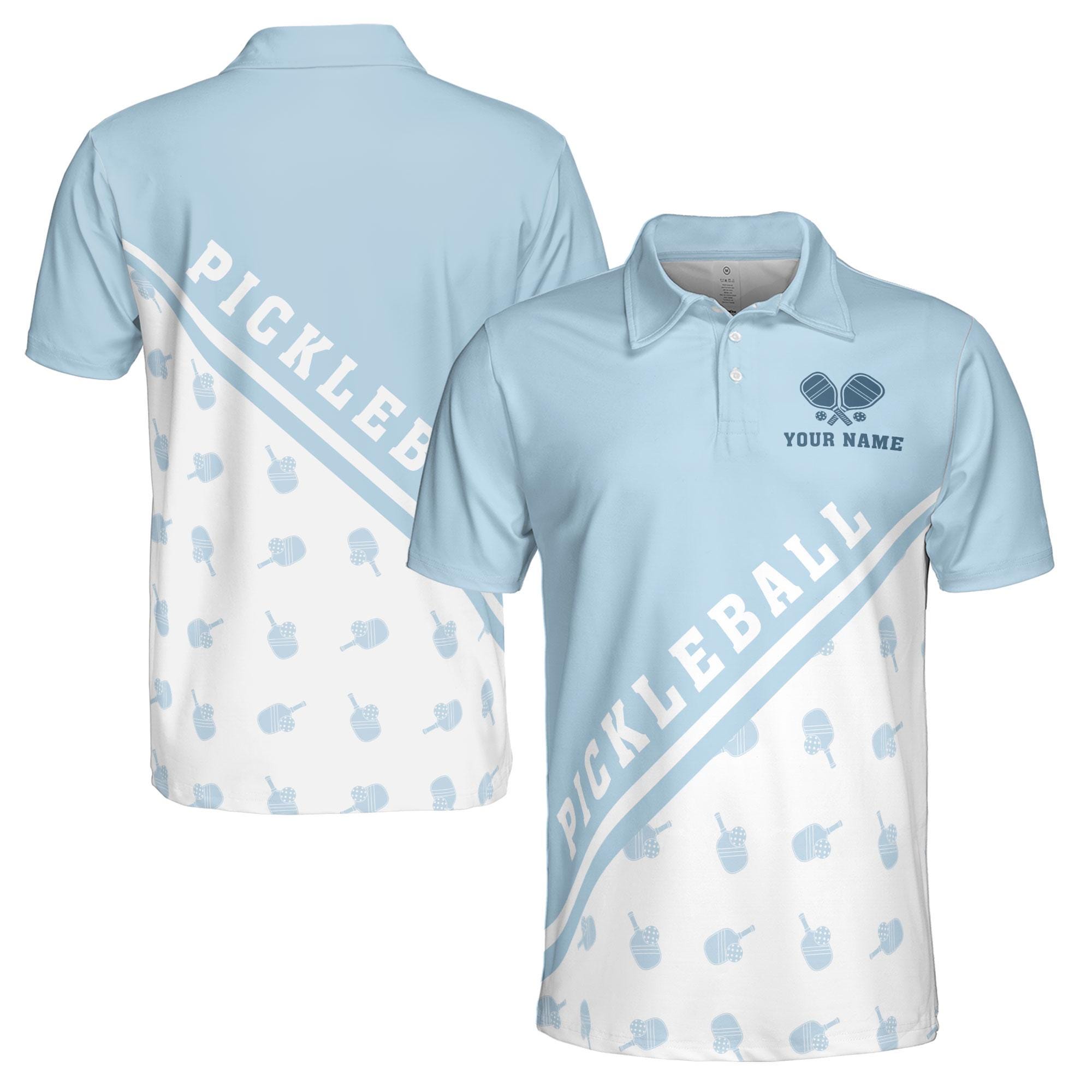 Personalizedize Name Pickleball Paddle Pattern White Sky Blue 3D Men's Polo Shirt