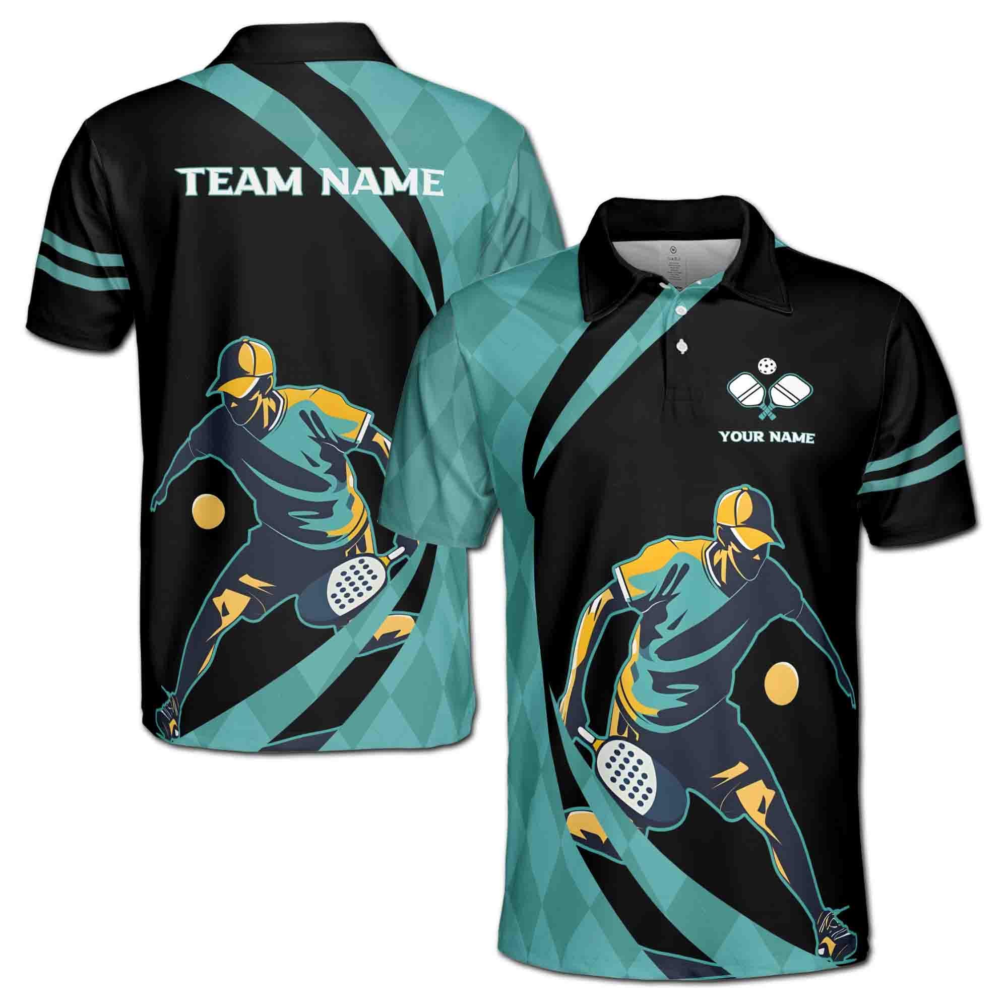 Personalizedize Name Pickleball Paddle Player Black Teal 3D Men's Polo Shirt