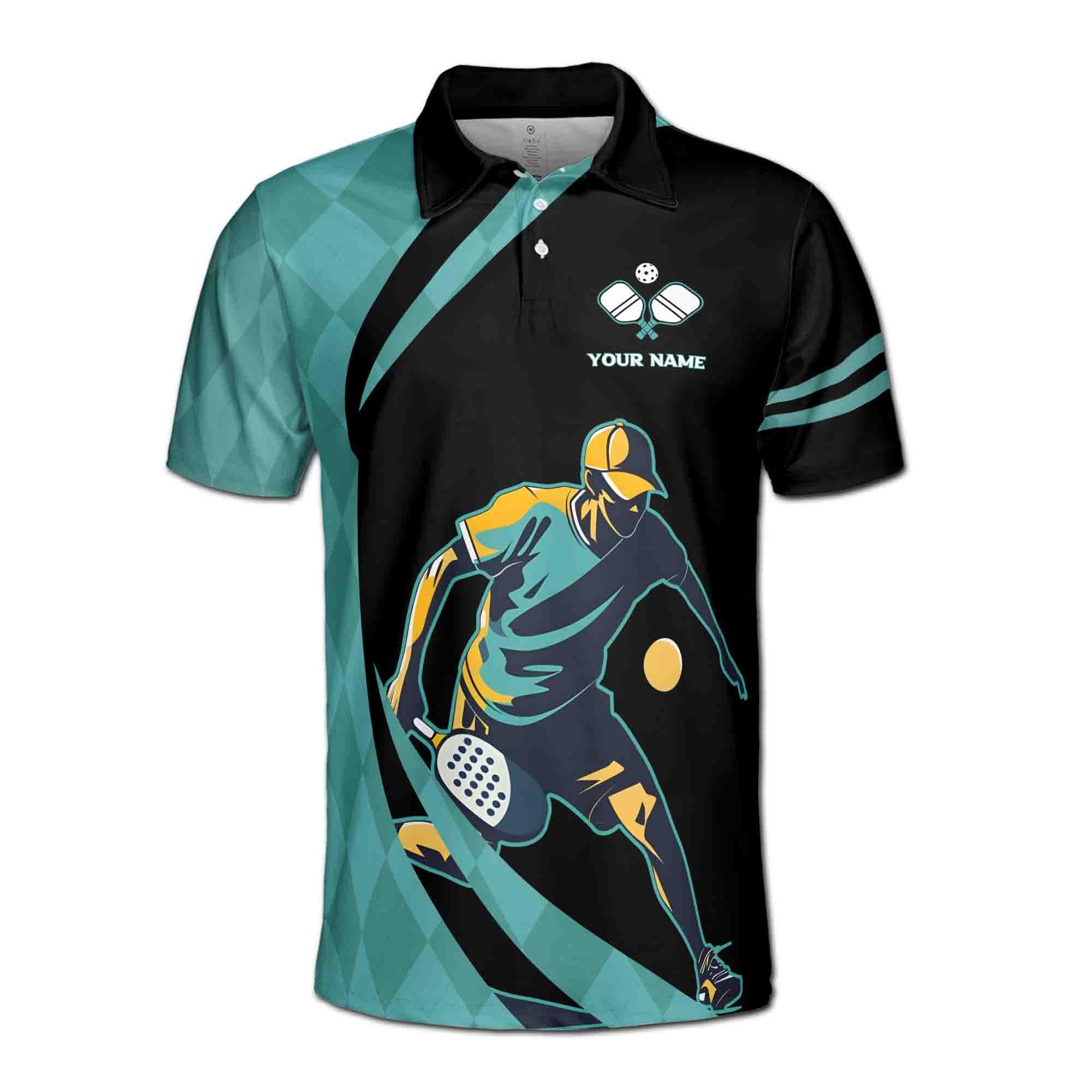 Alternative view of Personalizedize Name Pickleball Paddle Player Black Teal 3D Men's Polo Shirt