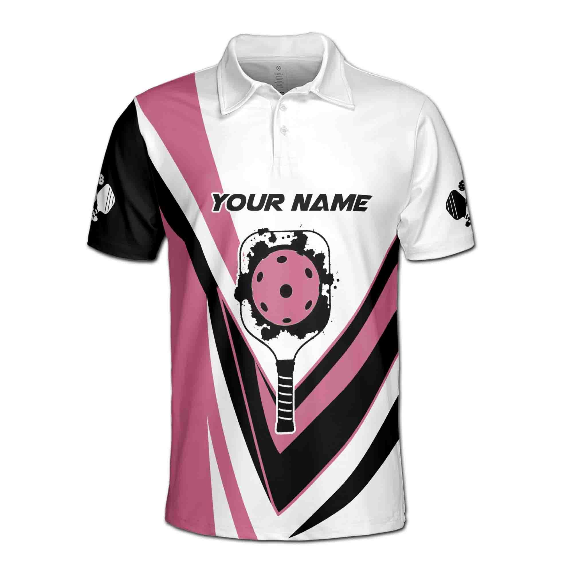 Personalizedize Name Pickleball Paddle Player Black White Pink 3D Men's Polo Shirt