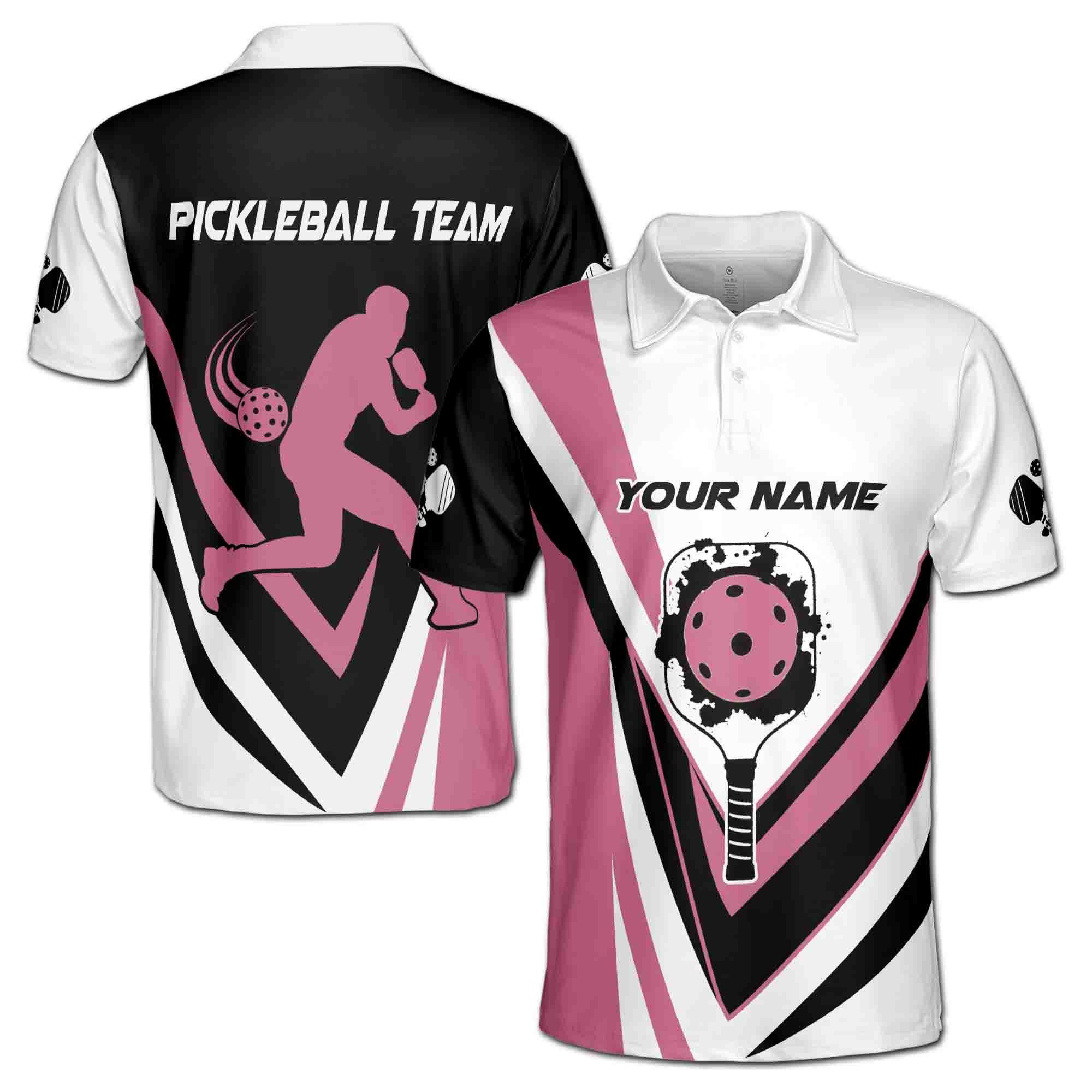 Alternative view of Personalizedize Name Pickleball Paddle Player Black White Pink 3D Men's Polo Shirt