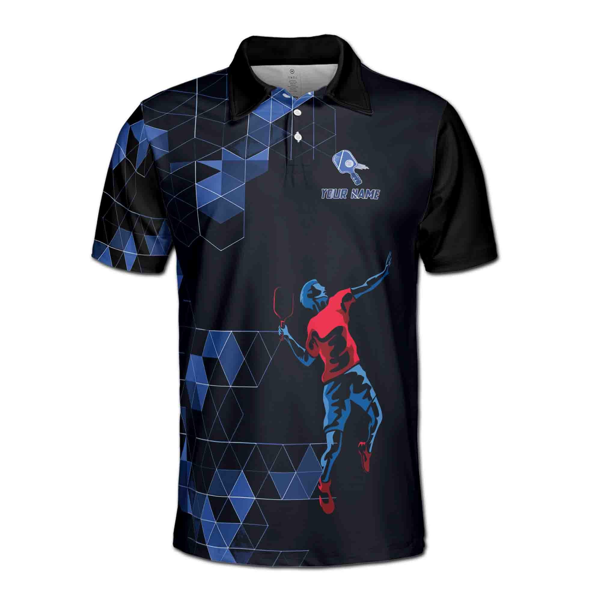 Alternative view of Personalizedize Name Pickleball Paddle Player Geometric Black Blue 3D Men's Polo Shirt