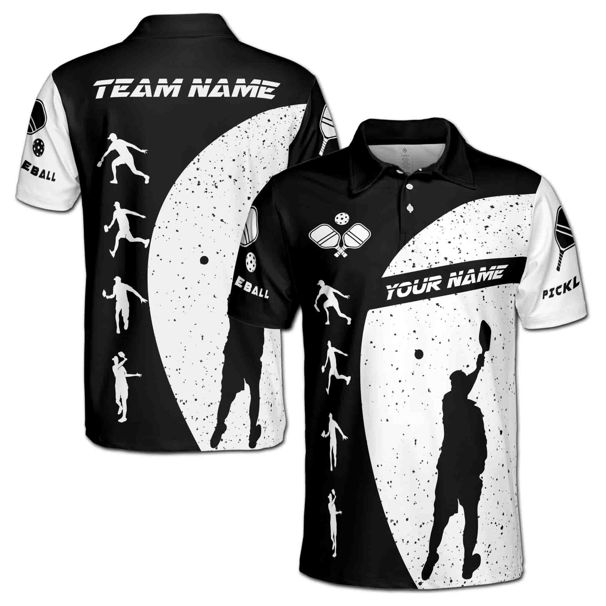 Personalizedize Name Pickleball Paddle Player Poses Black White 3D Men's Polo Shirt