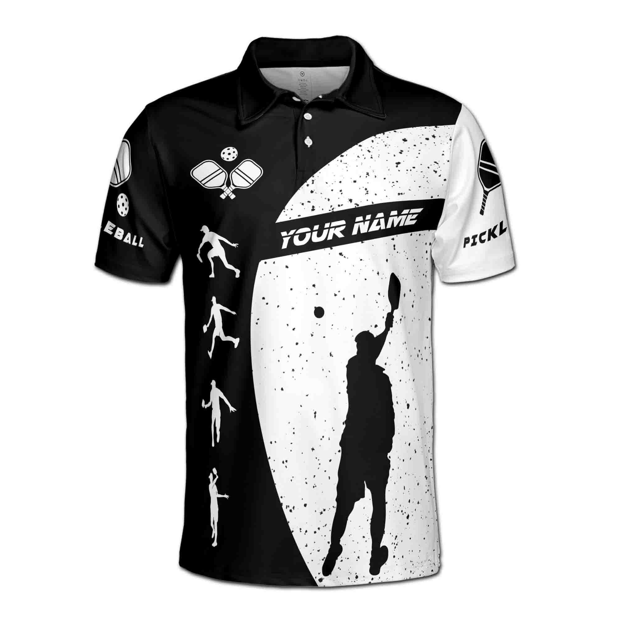 Alternative view of Personalizedize Name Pickleball Paddle Player Poses Black White 3D Men's Polo Shirt