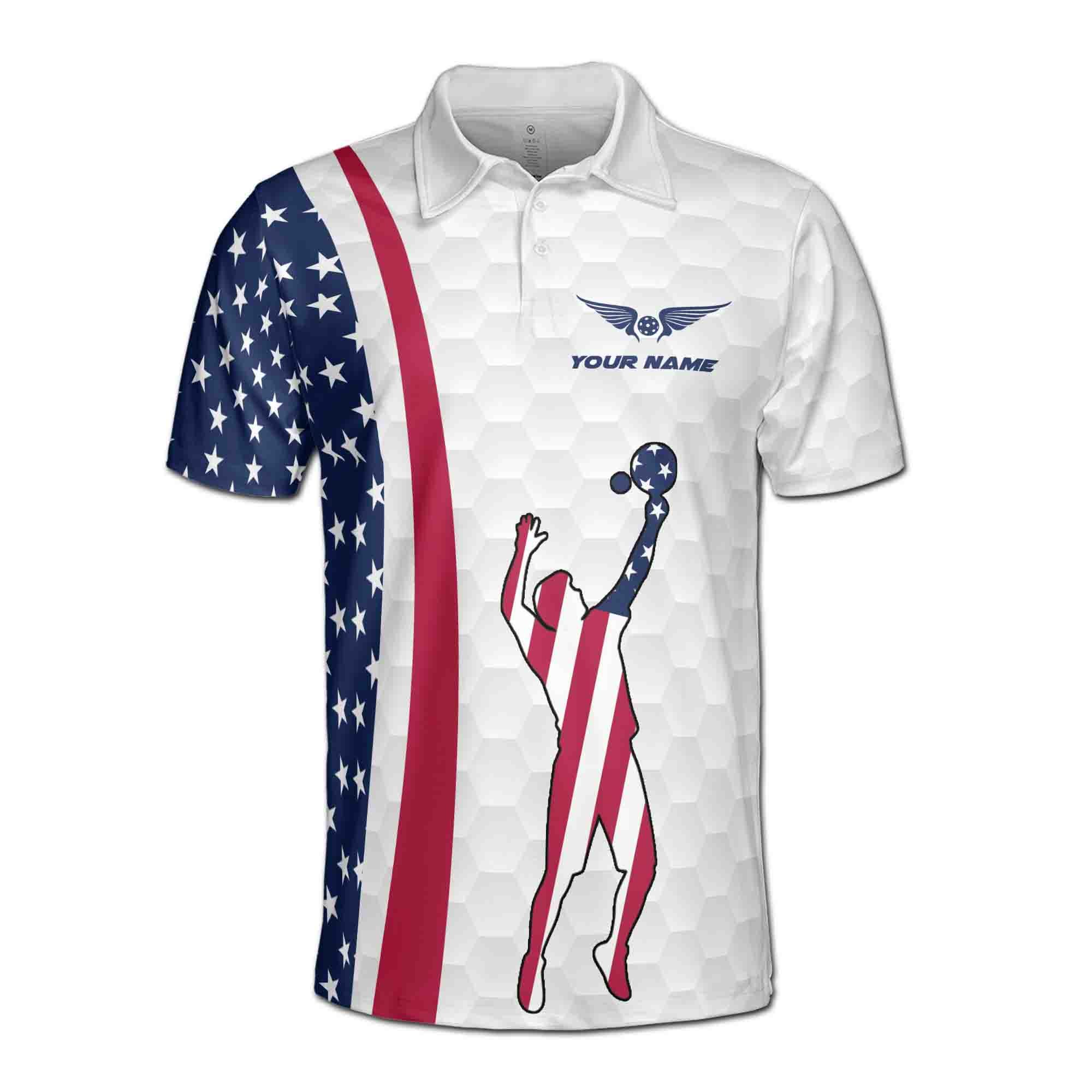 Alternative view of Personalizedize Name Pickleball Paddle Player Wings Do You Drink USA White Red Blue 3D Men's Polo Shirt