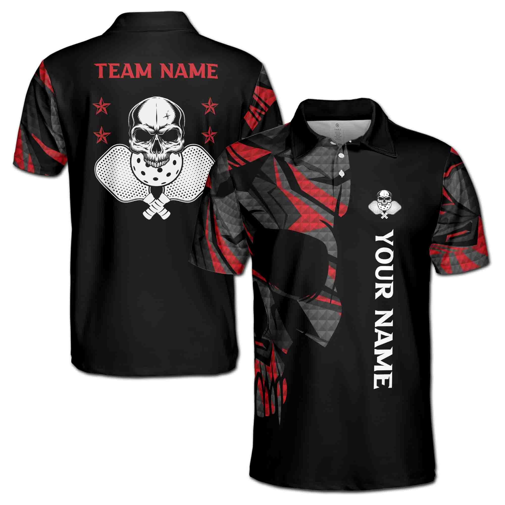 Personalizedize Name Pickleball Paddle Skull Black 3D Men's Polo Shirt