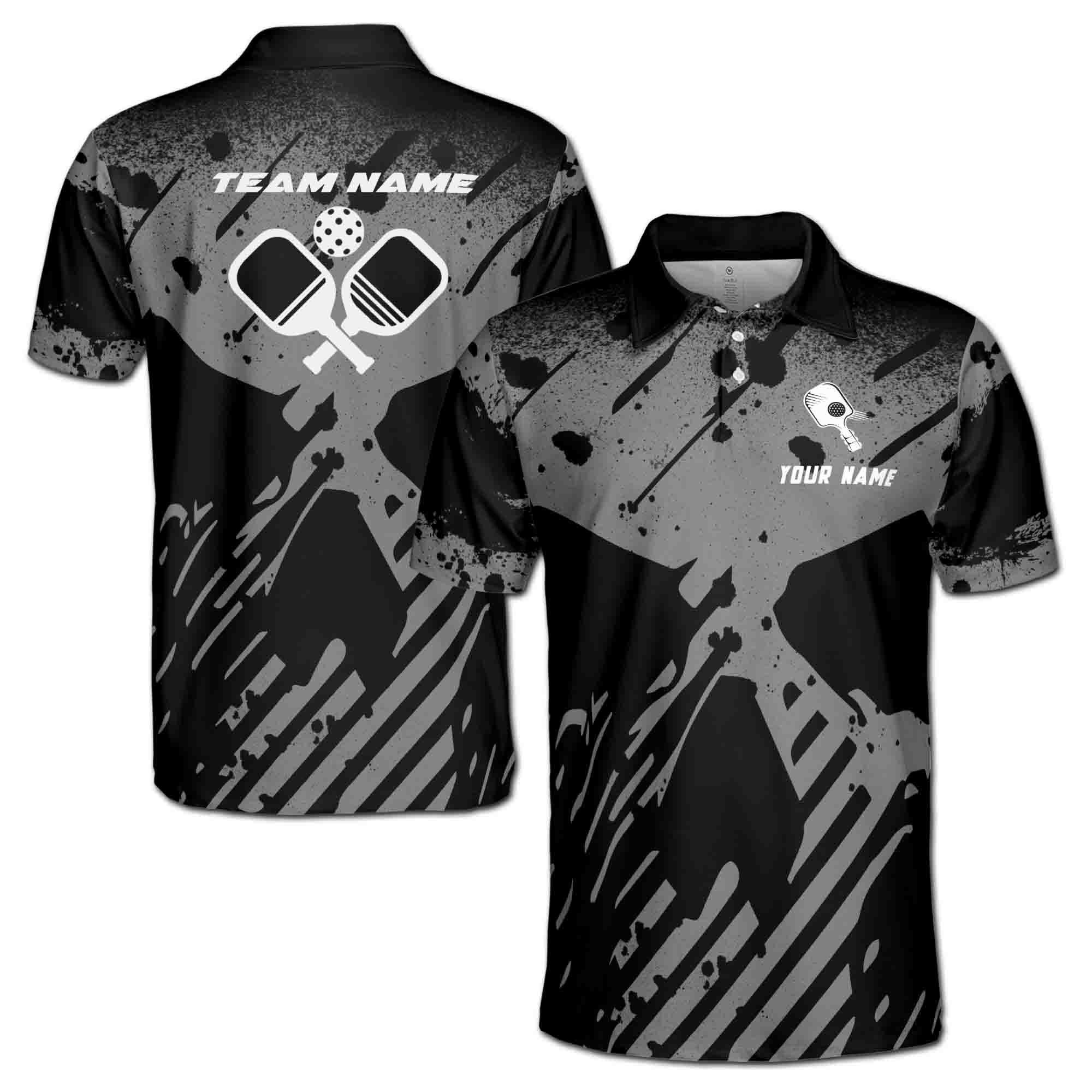 Personalizedize Name Pickleball Paddle Skull Grunge Black 3D Men's Polo Shirt