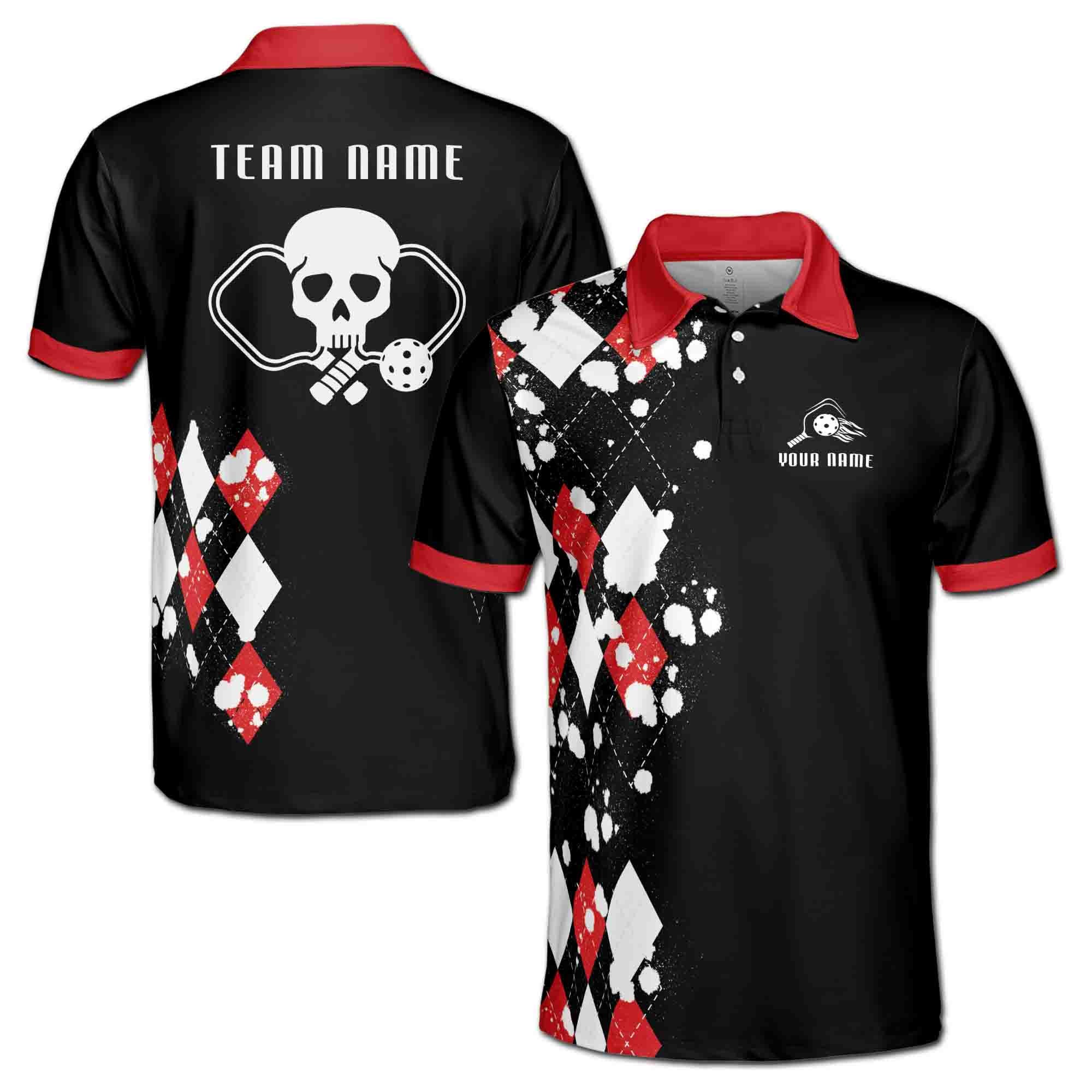 Personalizedize Name Pickleball Paddle Skull Splatter Black White Red 3D Men's Polo Shirt