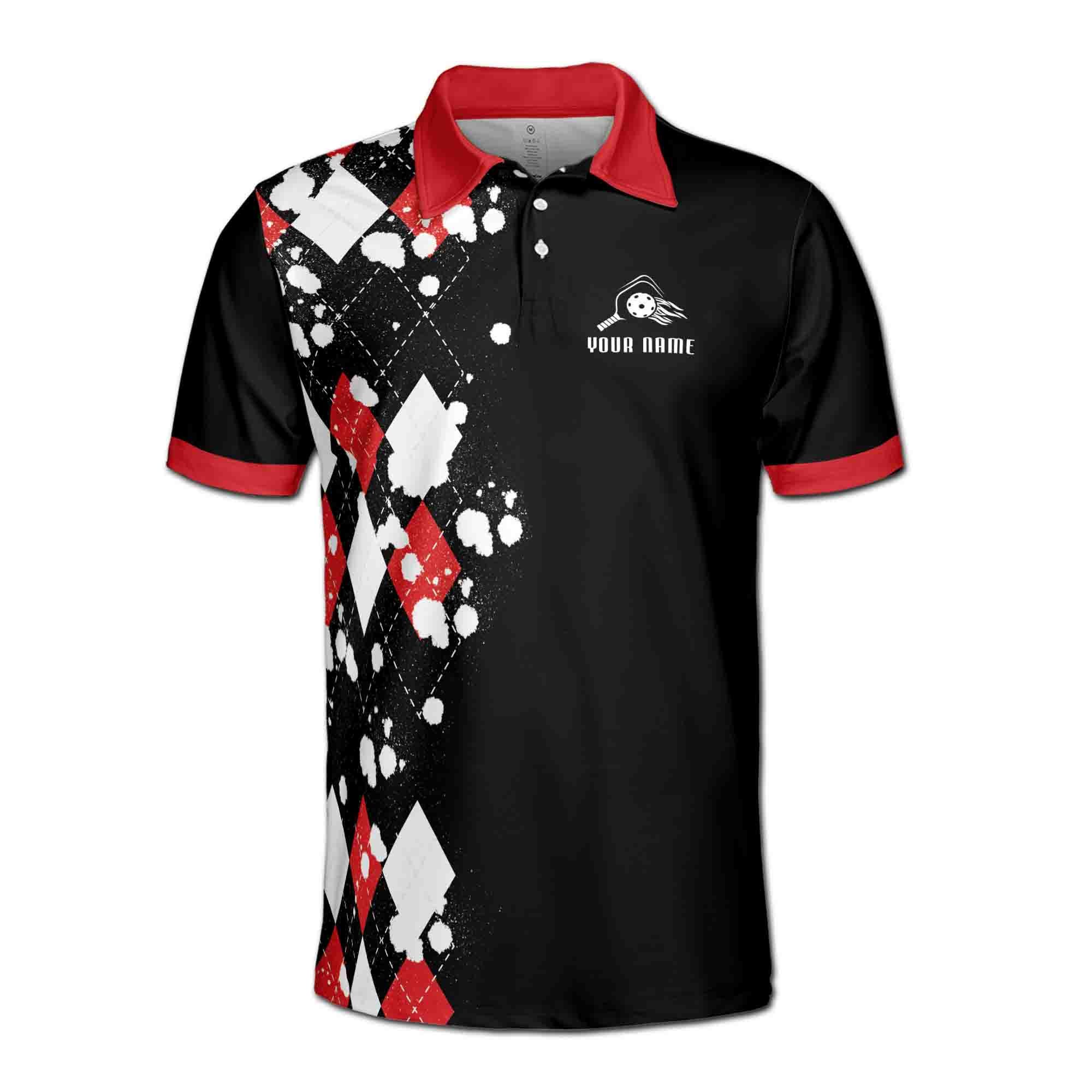 Alternative view of Personalizedize Name Pickleball Paddle Skull Splatter Black White Red 3D Men's Polo Shirt