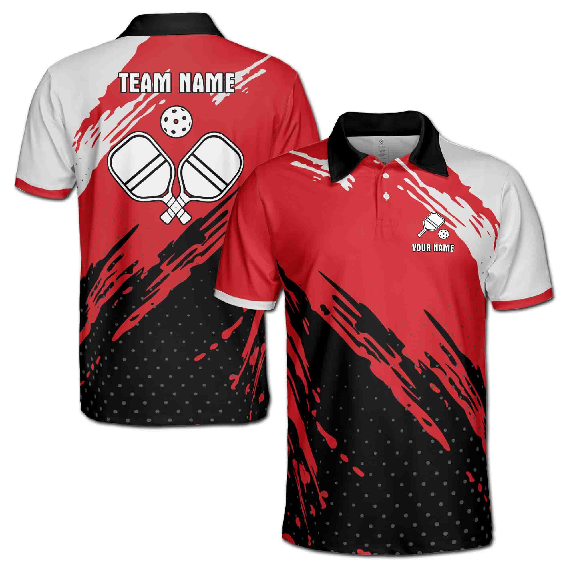 Alternative view of Personalizedize Name Pickleball Paddle Splashes Red White Black 3D Men's Polo Shirt
