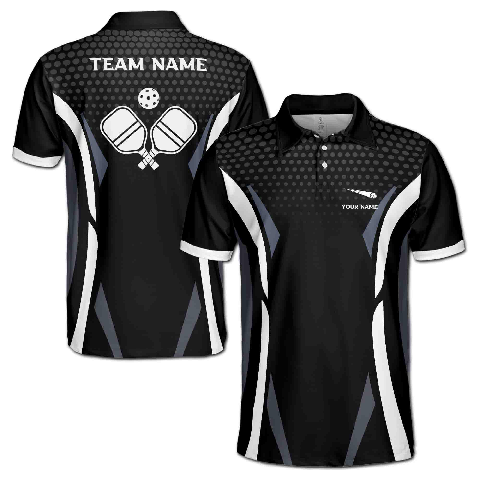 Personalizedize Name Pickleball Paddle Sporty Pattern Black White 3D Men's Polo Shirt