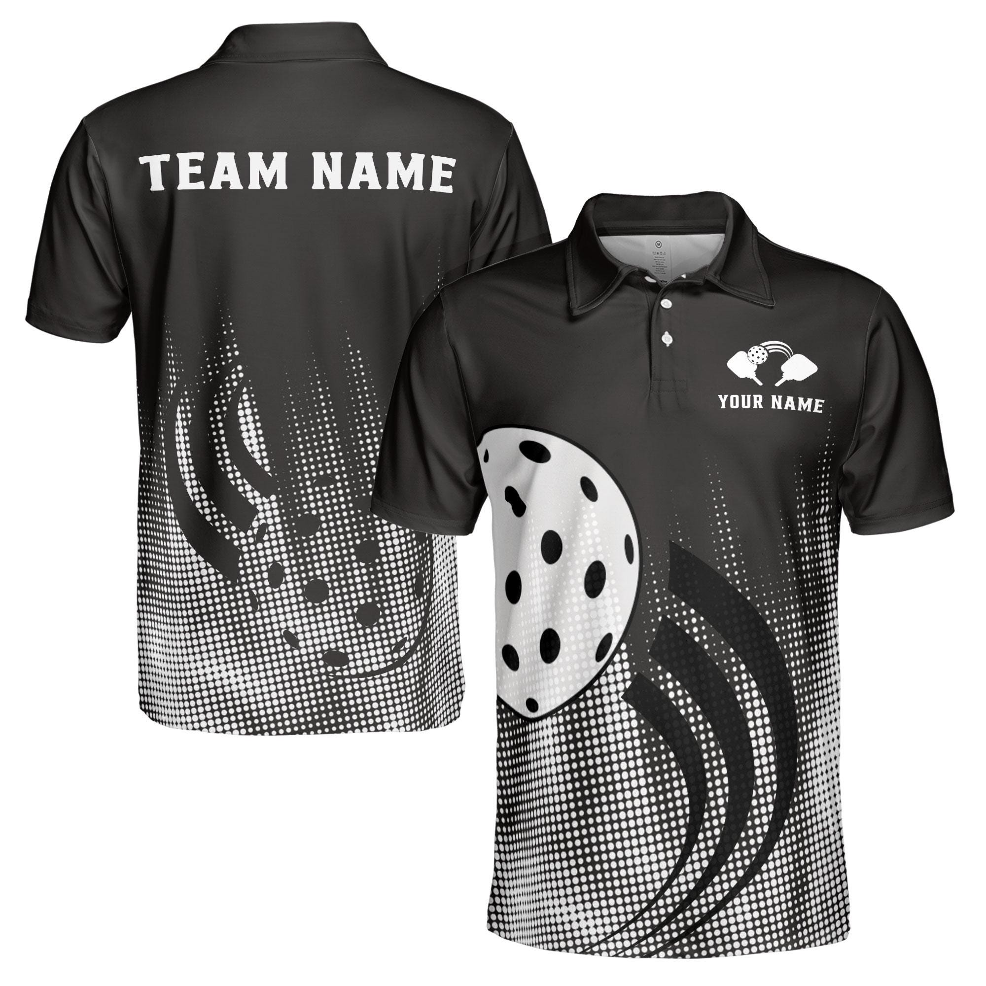 Personalizedize Name Pickleball Paddle Swing Black White 3D Men's Polo Shirt
