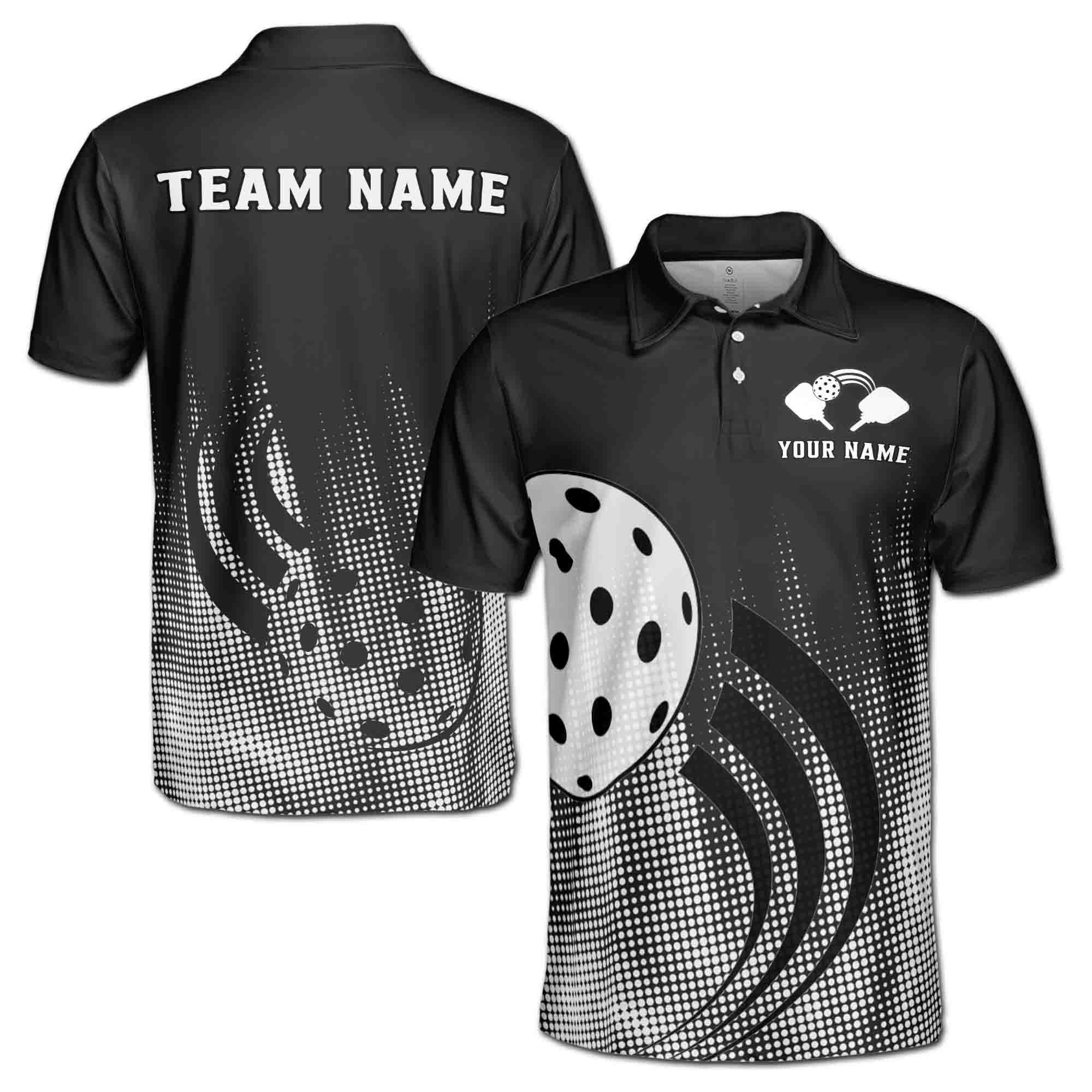 Personalizedize Name Pickleball Paddle Swing Dots Pattern Black White 3D Men's Polo Shirt
