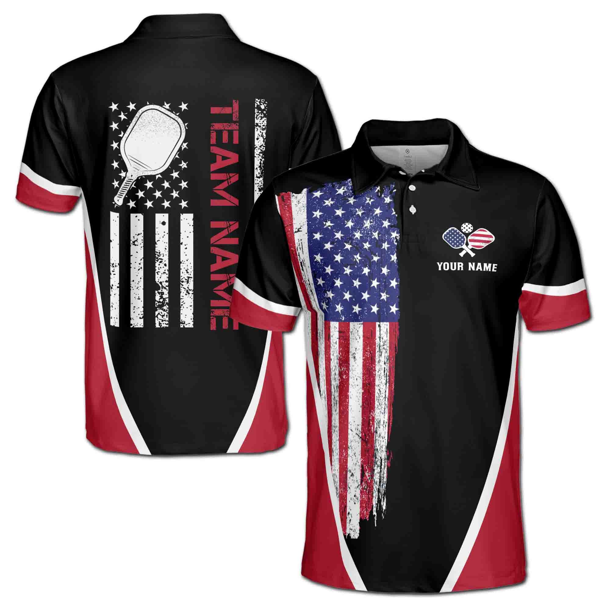 Personalizedize Name Pickleball Paddle USA Flag Black Red 3D Men's Polo Shirt