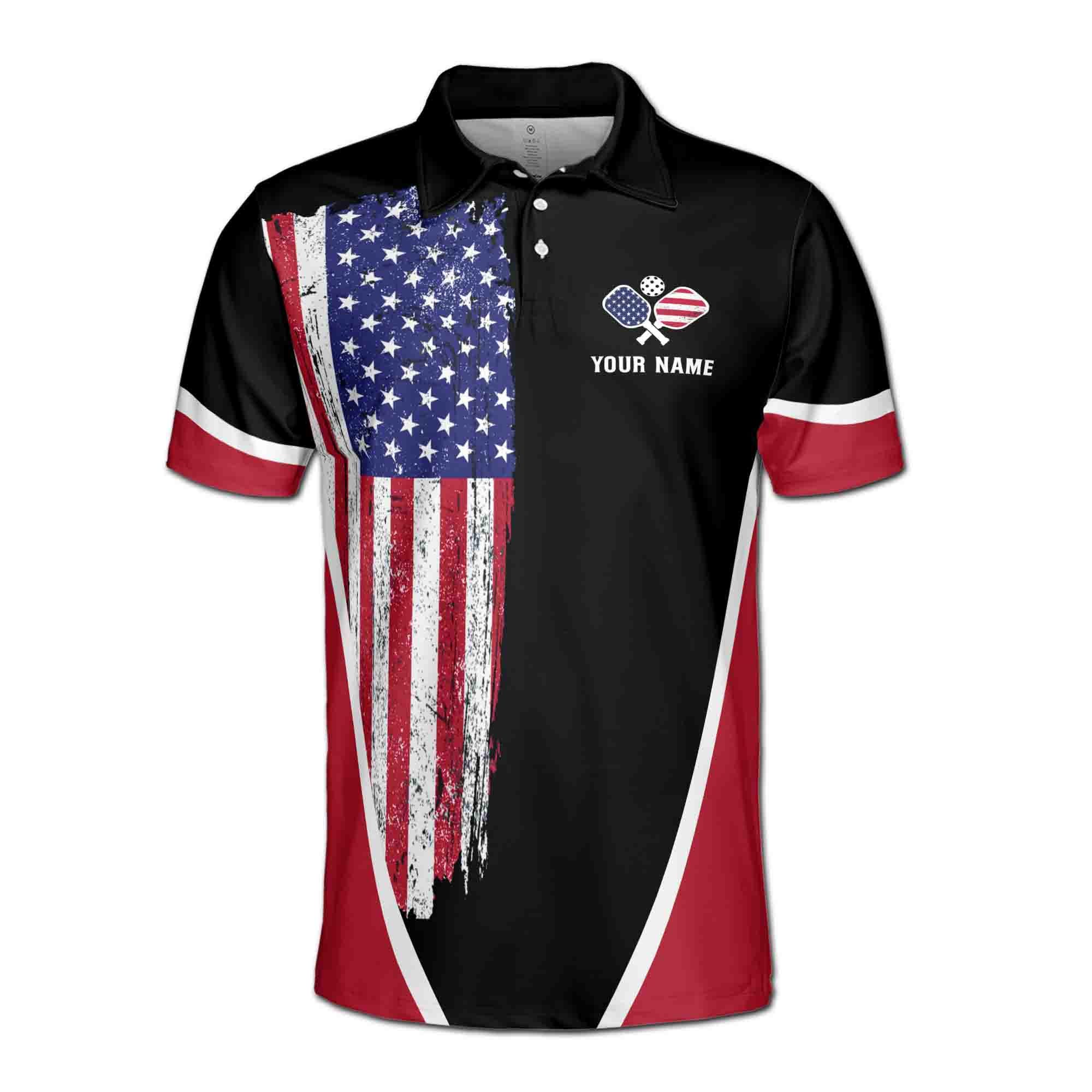 Alternative view of Personalizedize Name Pickleball Paddle USA Flag Black Red 3D Men's Polo Shirt