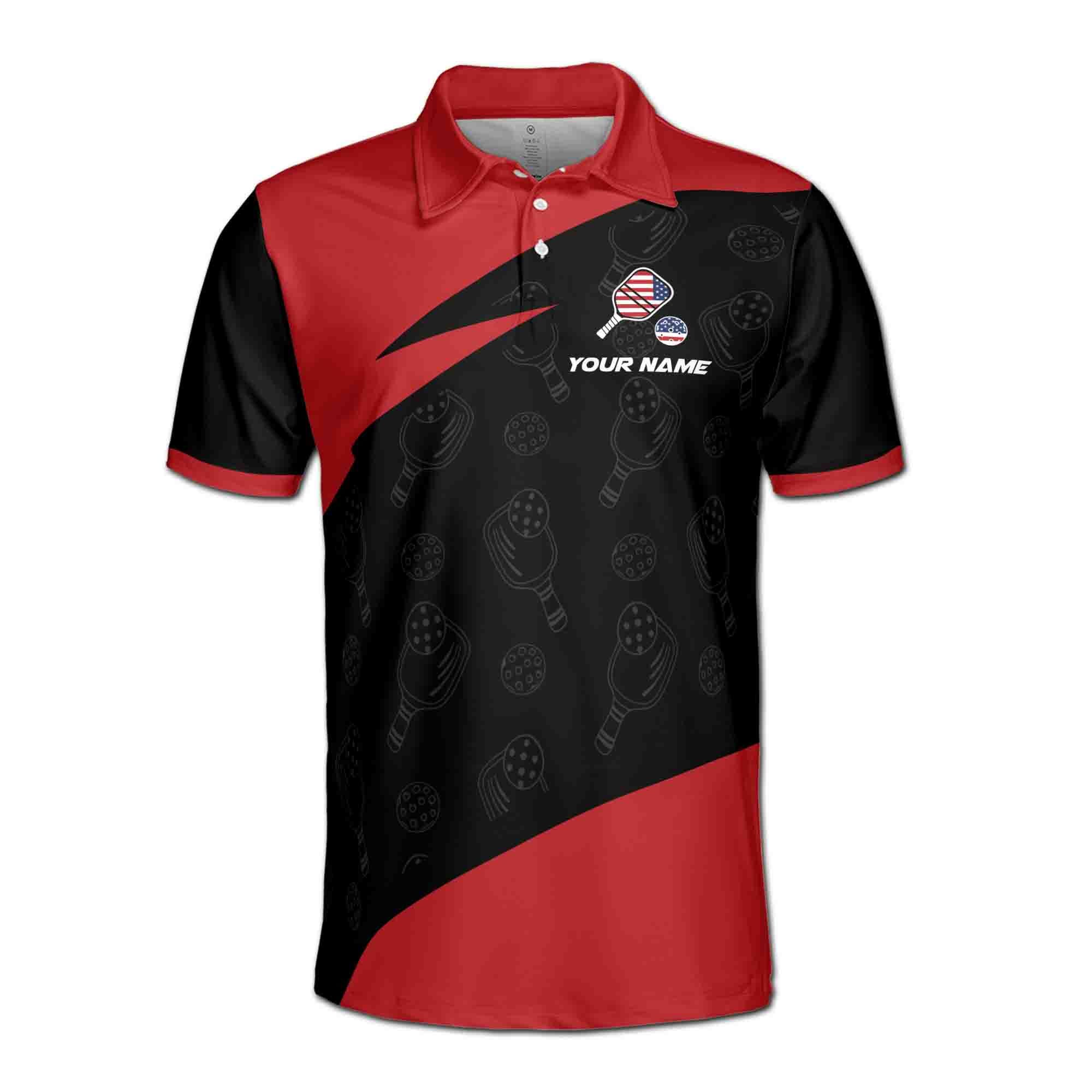 Alternative view of Personalizedize Name Pickleball Paddle USA Flag Pattern Black Red 3D Men's Polo Shirt
