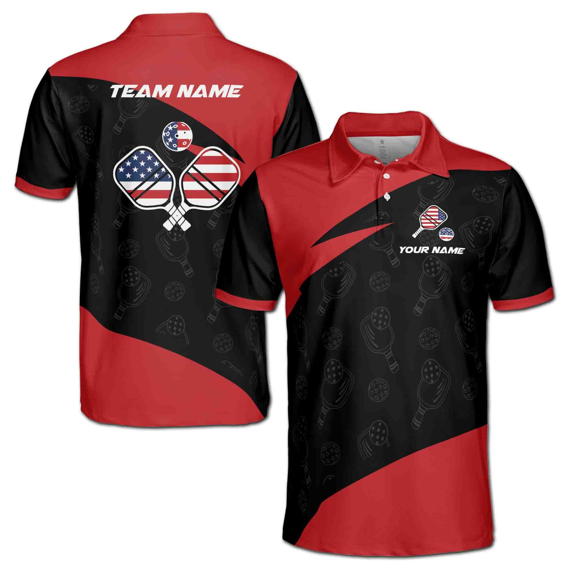 Personalizedize Name Pickleball Paddle USA Flag Pattern Black Red 3D Men's Polo Shirt