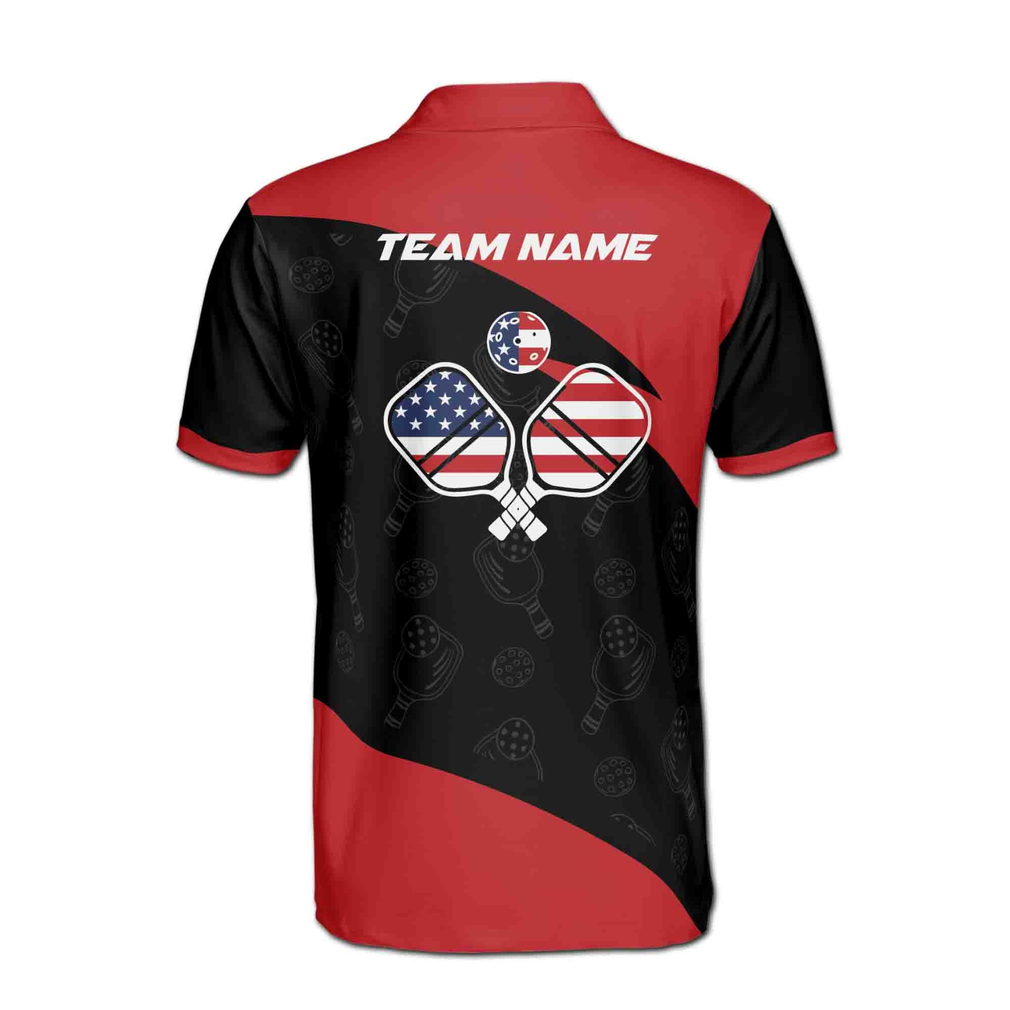 Personalizedize Name Pickleball Paddle USA Flag Pattern Black Red 3D Men's Polo Shirt - Image 3