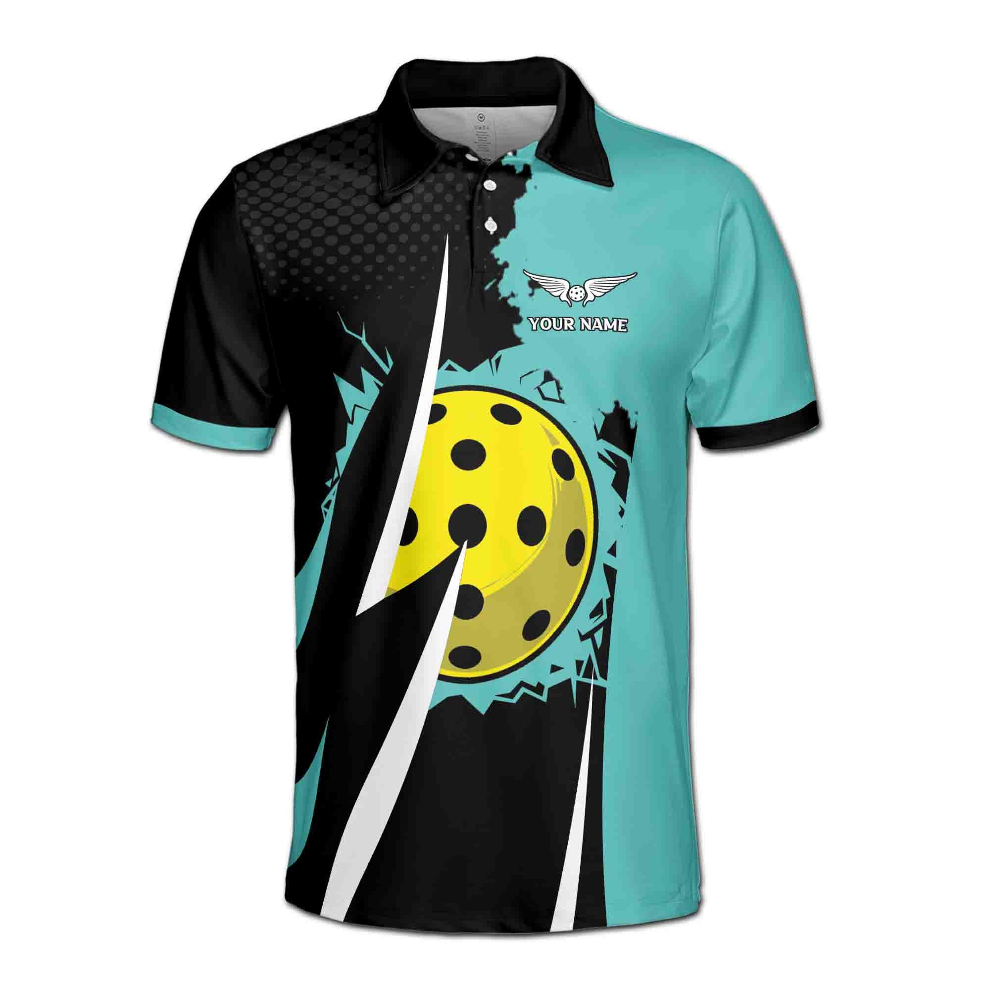 Alternative view of Personalizedize Name Pickleball Paddle Wings Black Cyan 3D Men's Polo Shirt