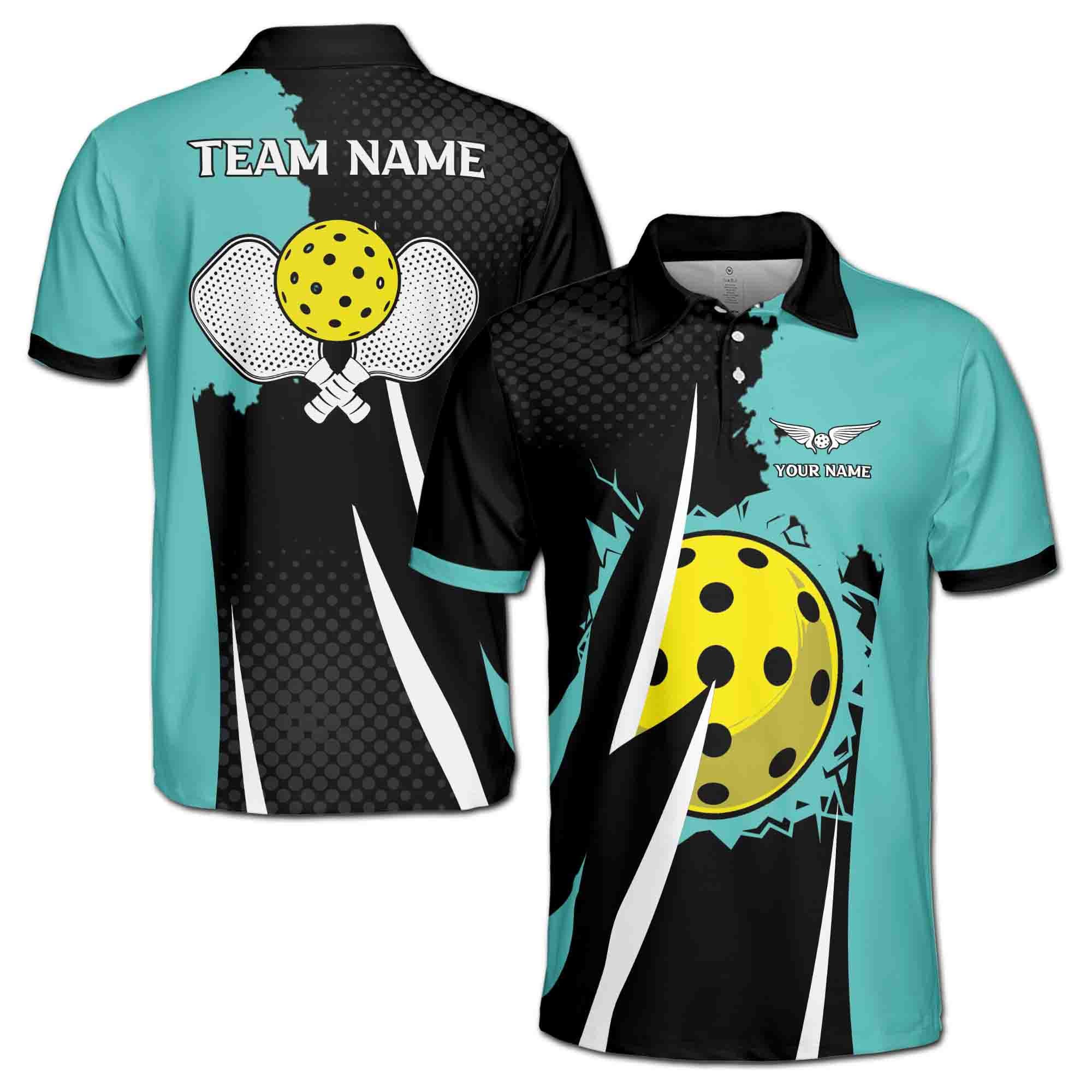 Personalizedize Name Pickleball Paddle Wings Black Cyan 3D Men's Polo Shirt