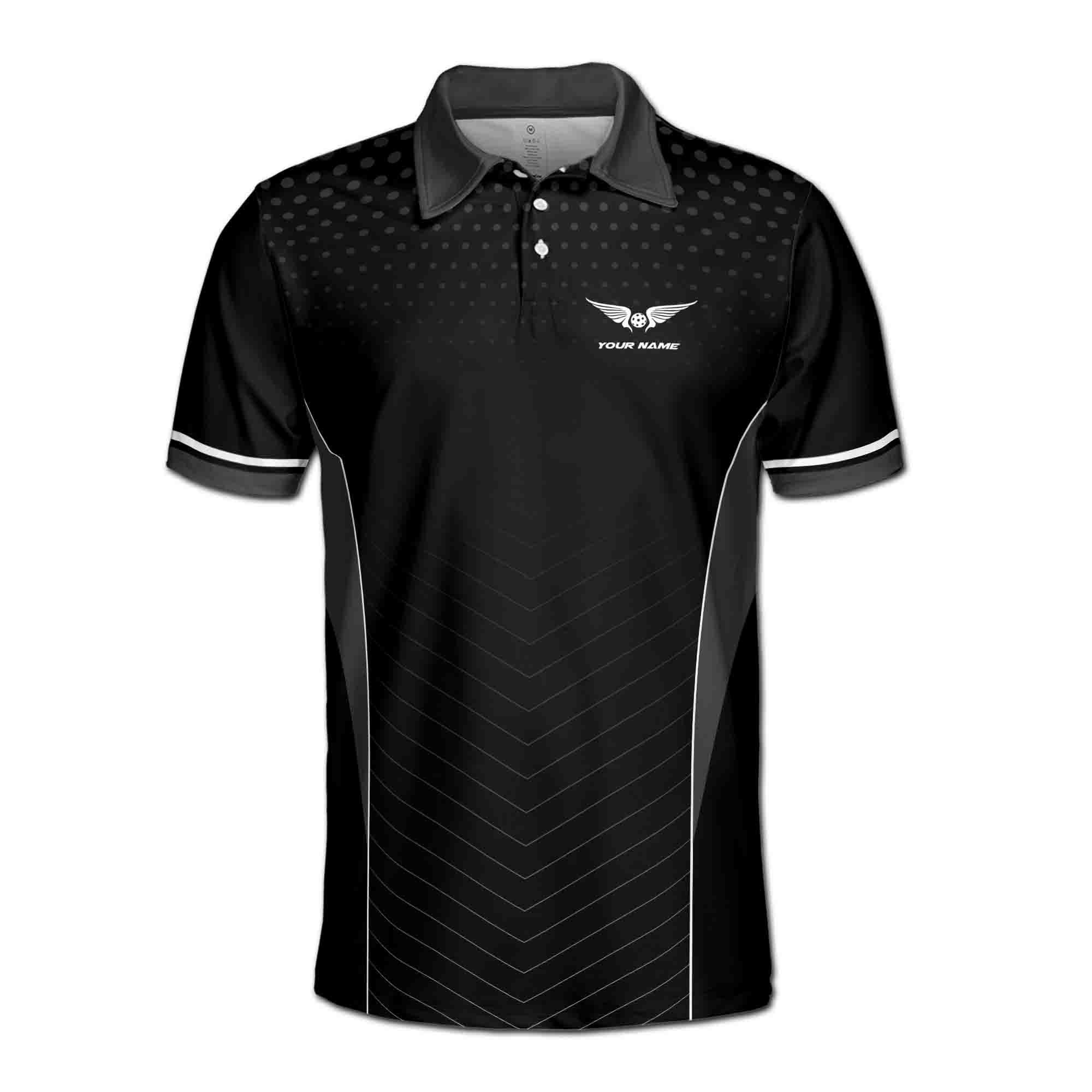 Alternative view of Personalizedize Name Pickleball Paddle Wings Black White 3D Men's Polo Shirt