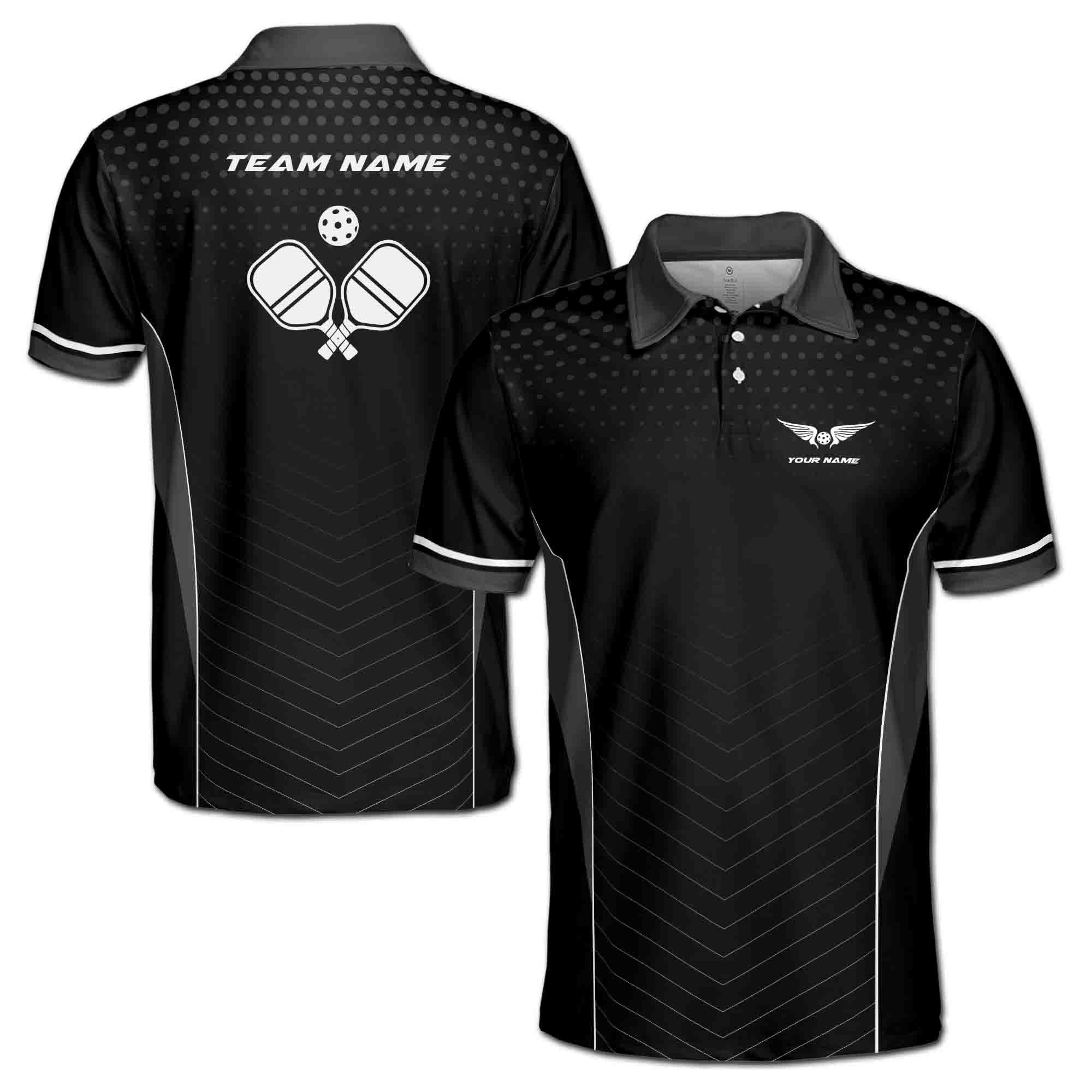Personalizedize Name Pickleball Paddle Wings Black White 3D Men's Polo Shirt