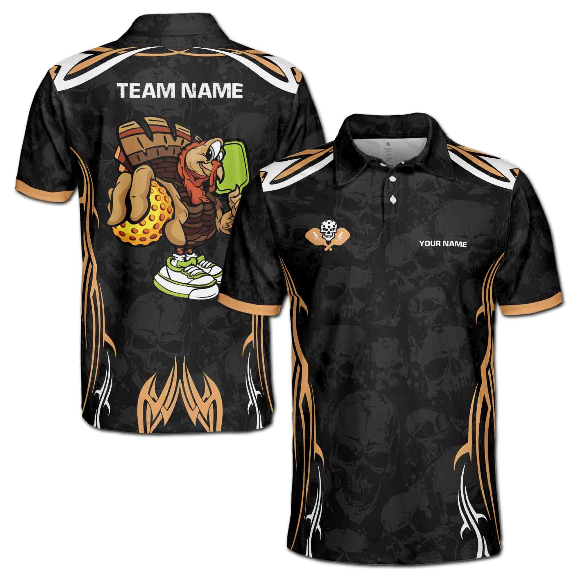 Personalizedize Name Pickleball Turkey Player Skull Pattern Black 3D Men's Polo Shirt