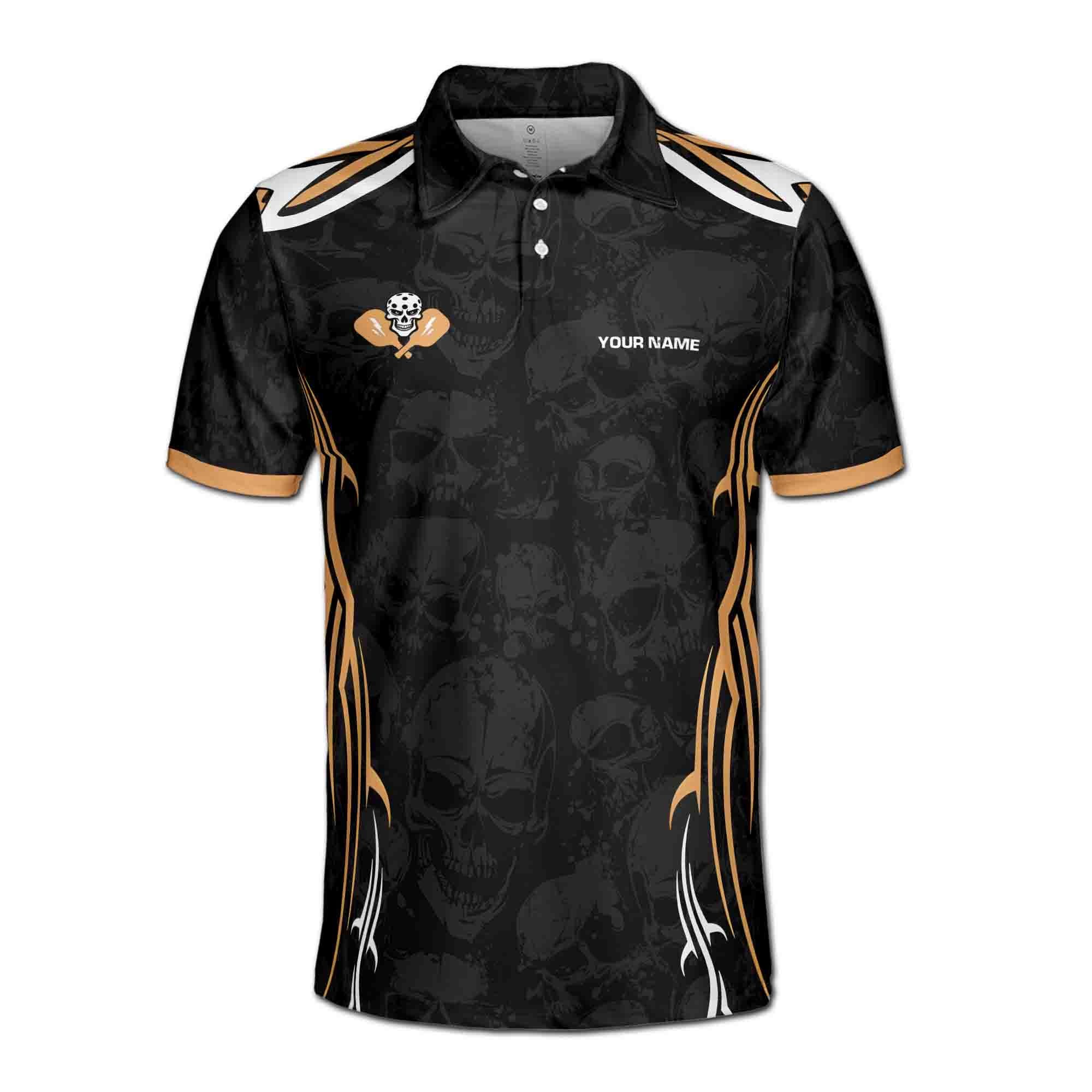 Alternative view of Personalizedize Name Pickleball Turkey Player Skull Pattern Black 3D Men's Polo Shirt