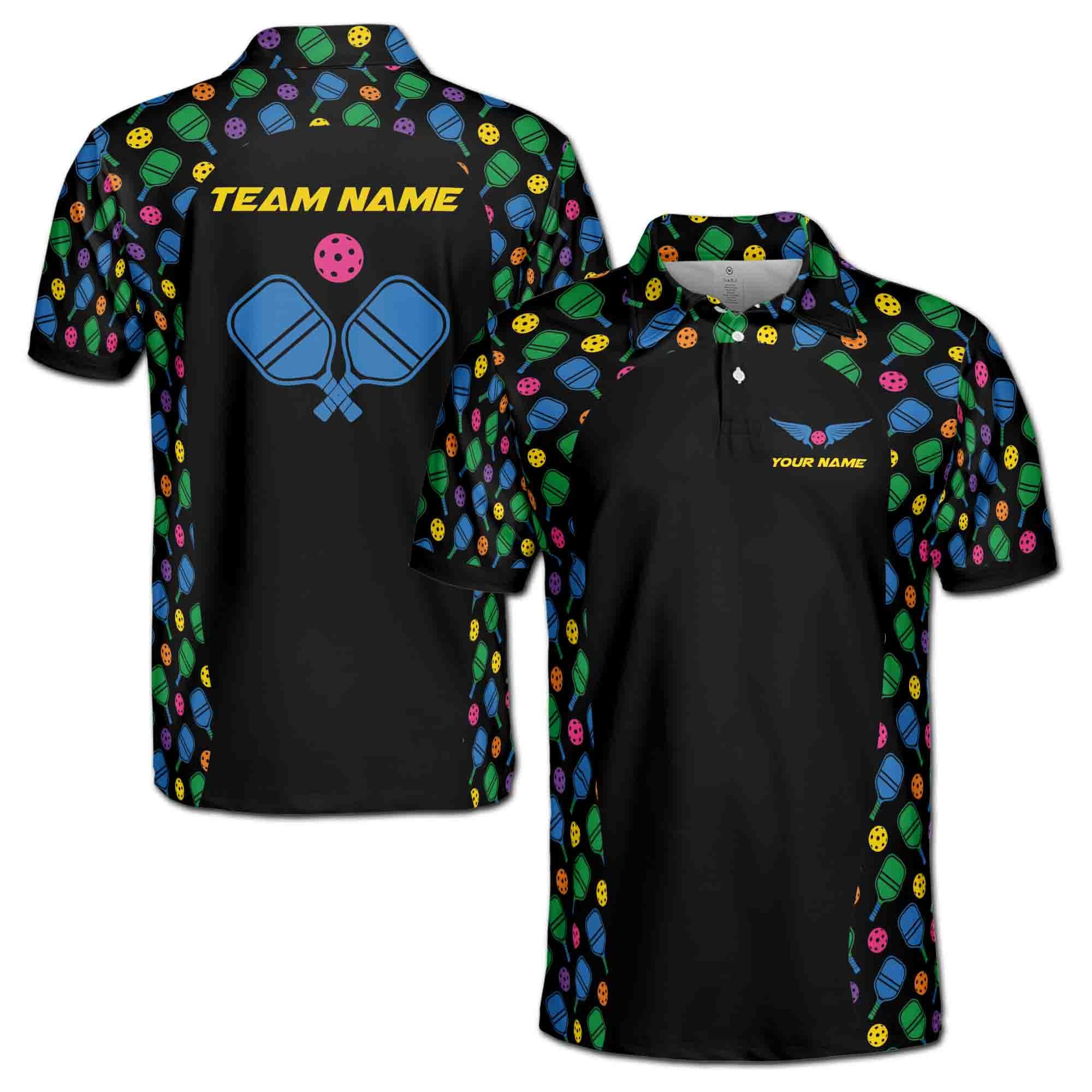 Personalizedize Name Pickleball Wings Colorful Paddle Black 3D Men's Polo Shirt