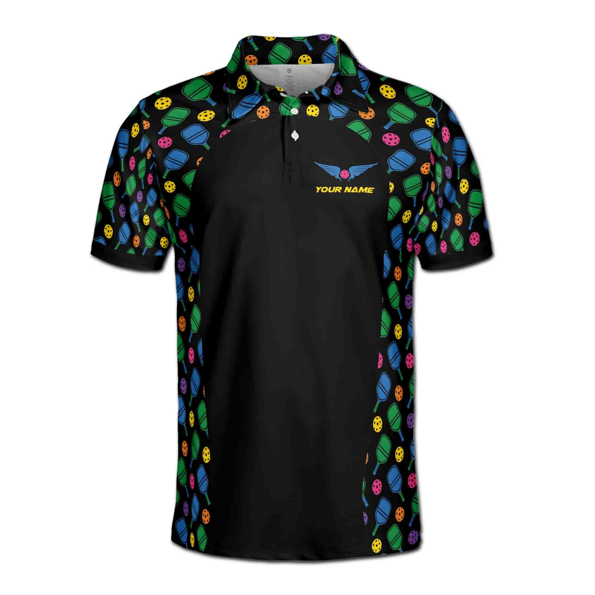 Alternative view of Personalizedize Name Pickleball Wings Colorful Paddle Black 3D Men's Polo Shirt