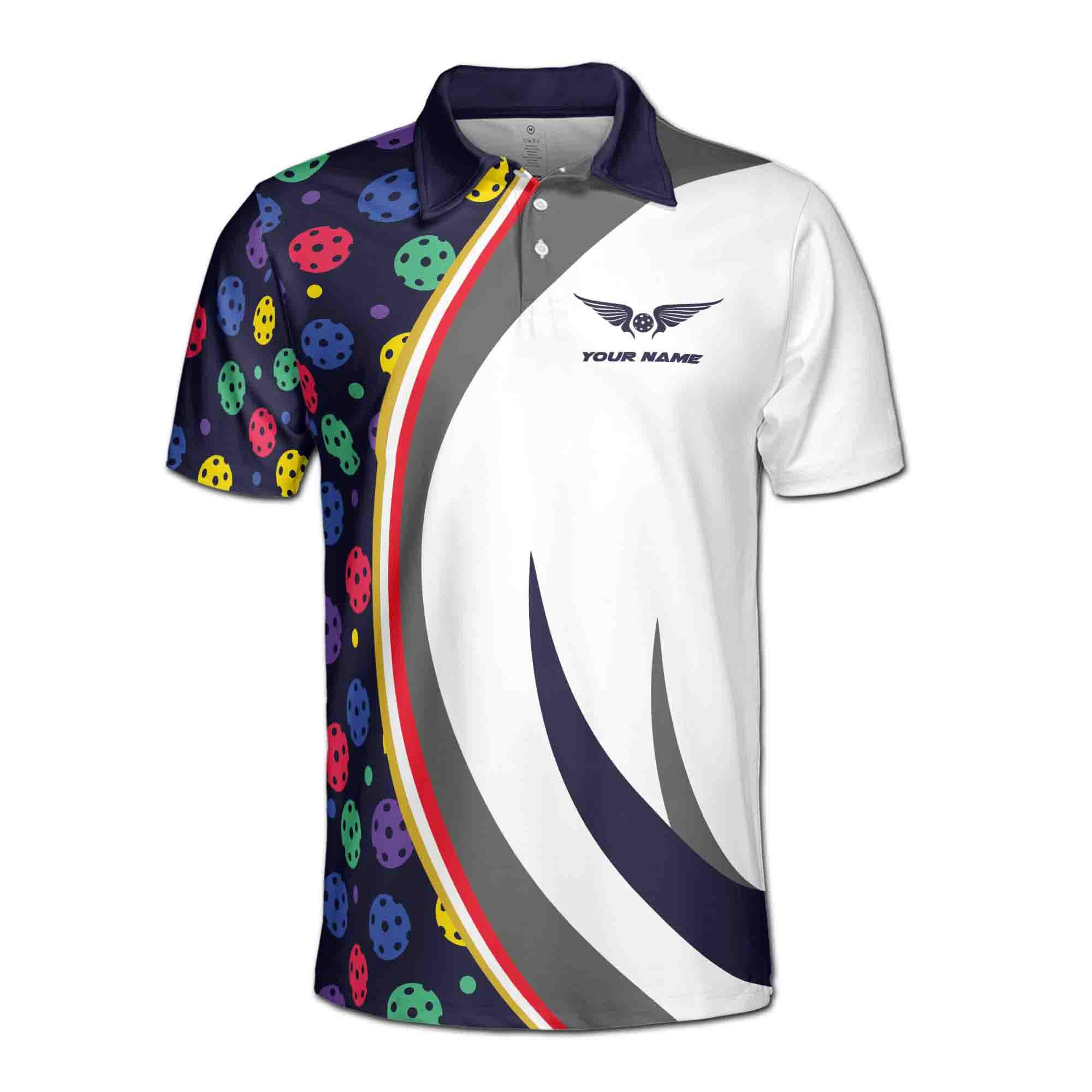 Alternative view of Personalizedize Name Pickleball Wings Colorful Pattern White Dark Blue 3D Men's Polo Shirt
