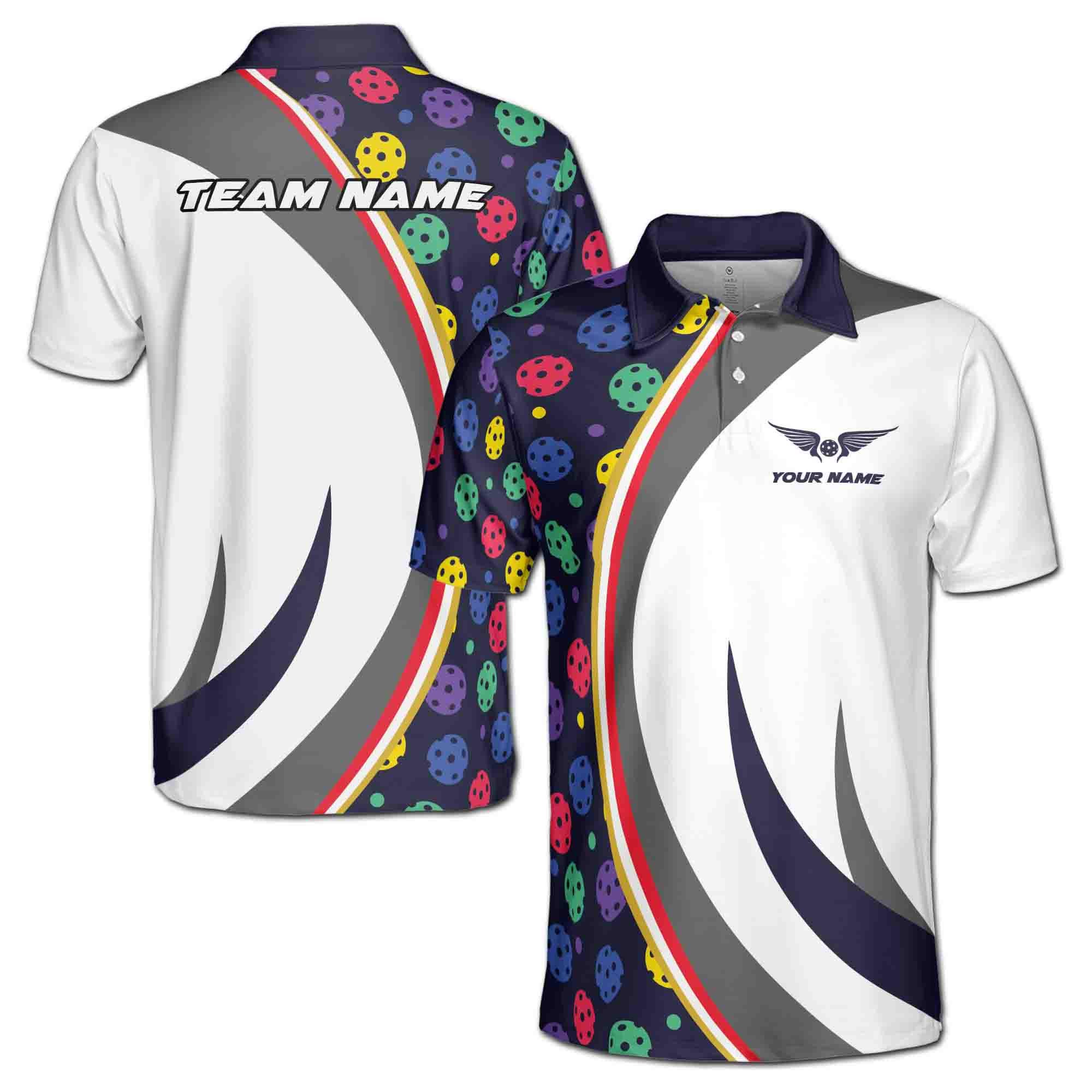 Personalizedize Name Pickleball Wings Colorful Pattern White Dark Blue 3D Men's Polo Shirt