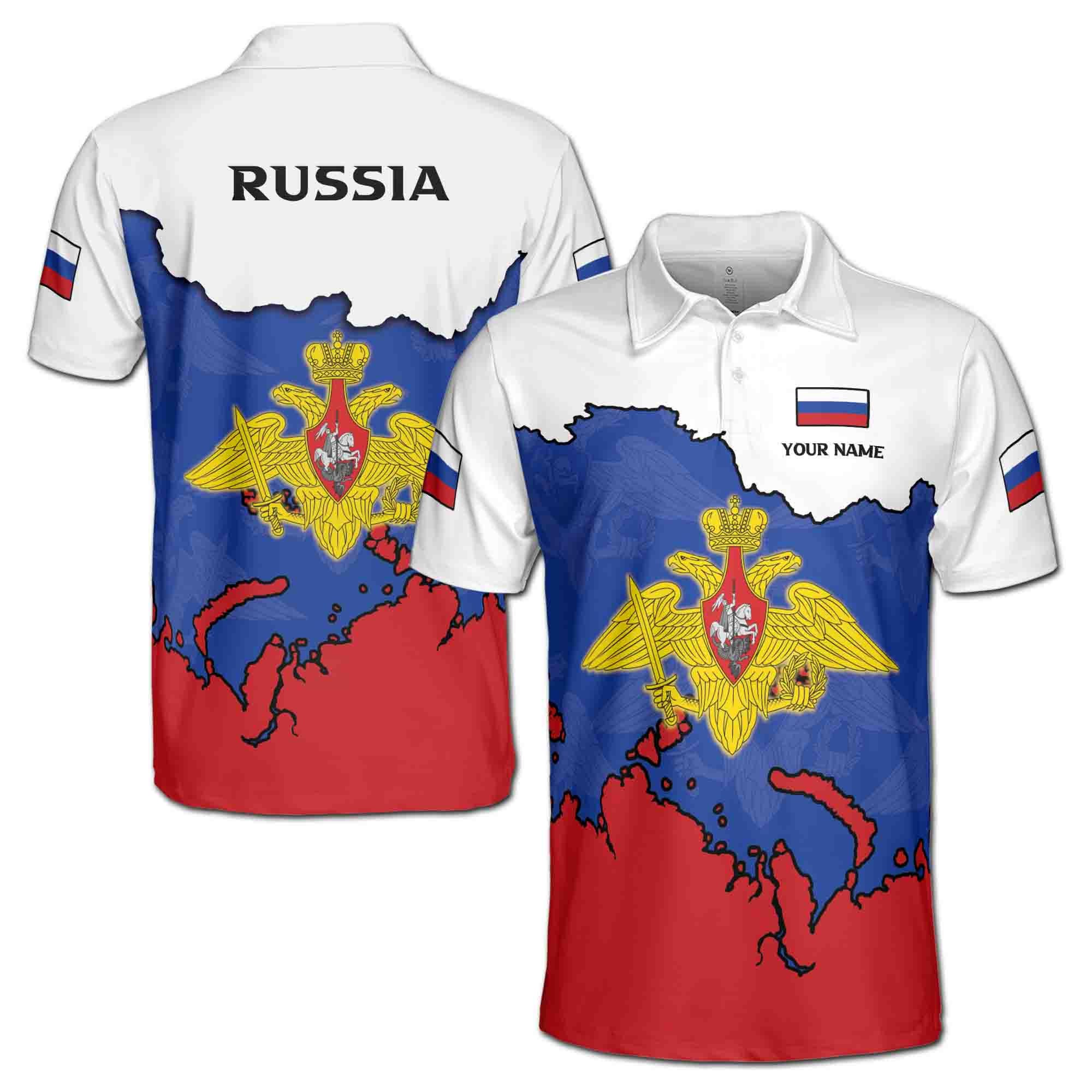 Personalizedize Name Russia Flag Coat of Arms White Blue Red 3D Men's Polo Shirt