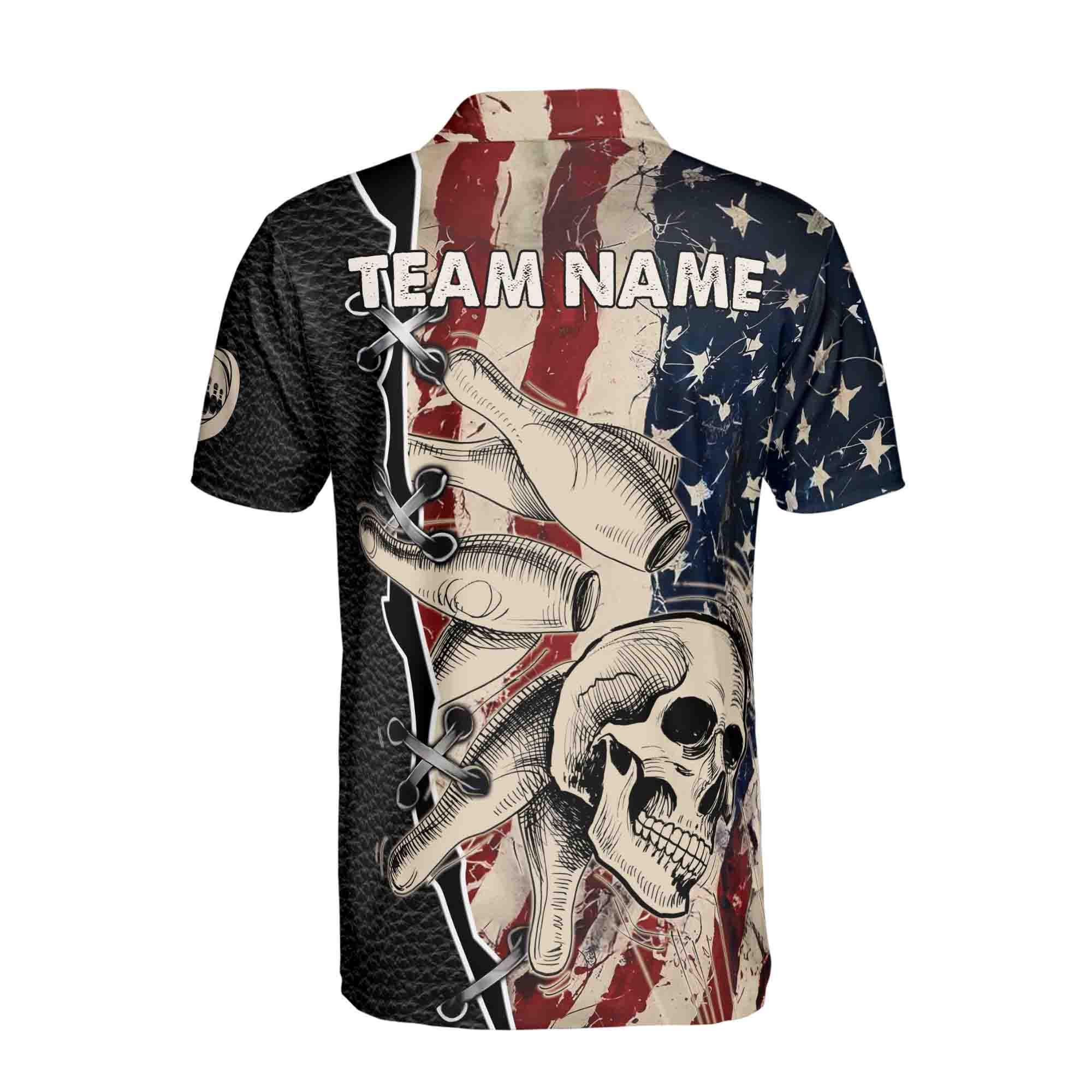 Personalizedize Name Team Name Retro Skul American Flag Bowling Men's Polo Shirt - Image 3