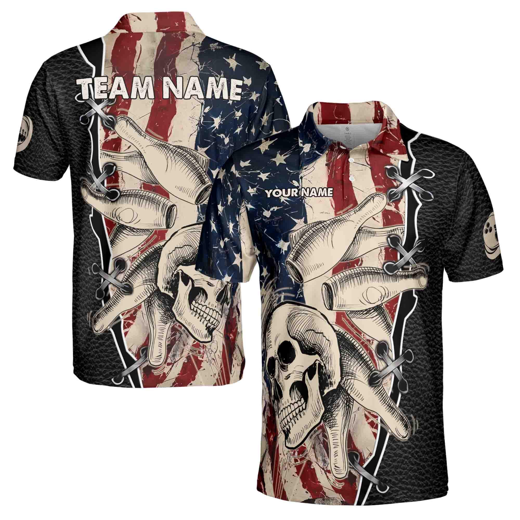 Personalizedize Name Team Name Retro Skul American Flag Bowling Men's Polo Shirt