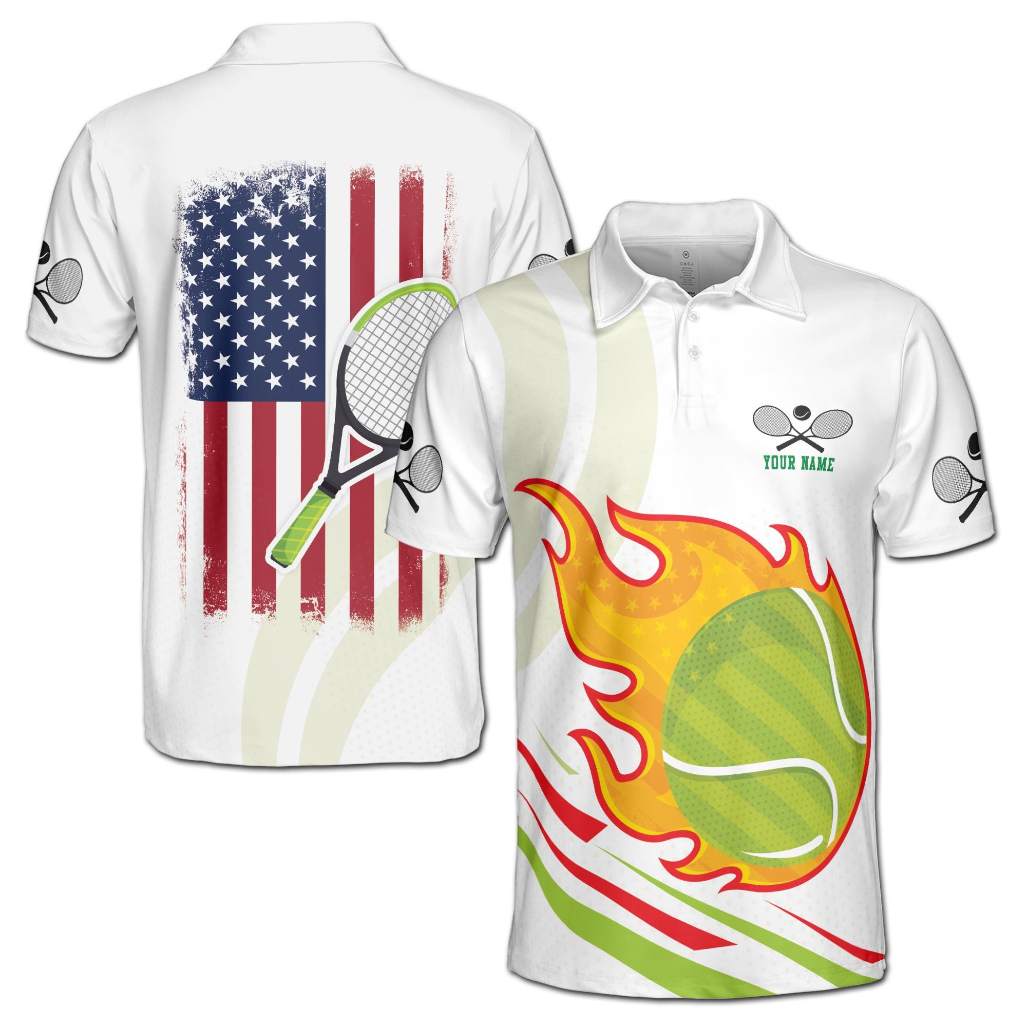 Personalizedize Name Tennis Ball Racket American Flag White 3D Men's Polo Shirt