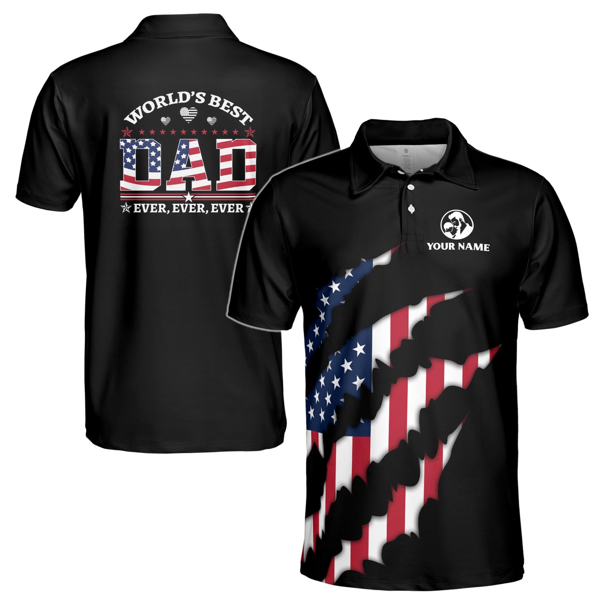Personalizedize Name USA World's Best Dad Black 3D Men's Polo Shirt