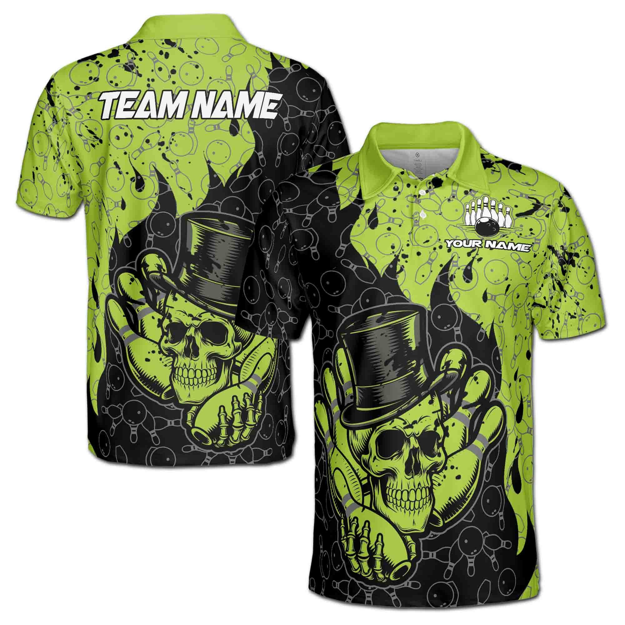 Personalizedized BowlingTeam Name Green Skull Gentlemen Men's Polo Shirt