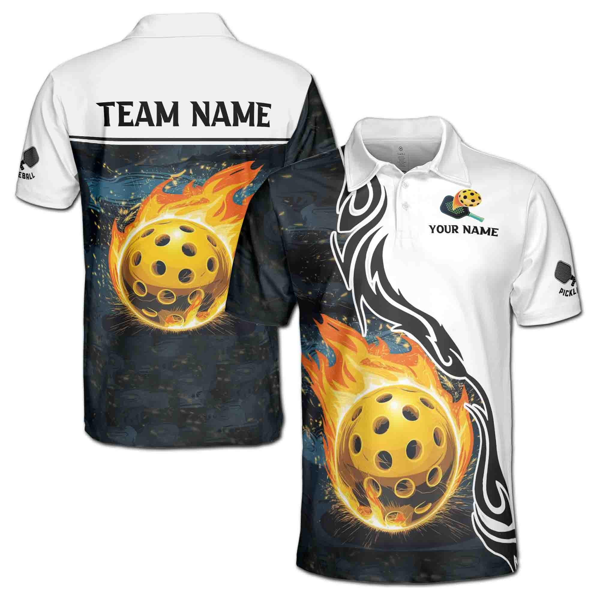 Personalizedized Name Team Pickleball On Fire Men's Polo Shirt