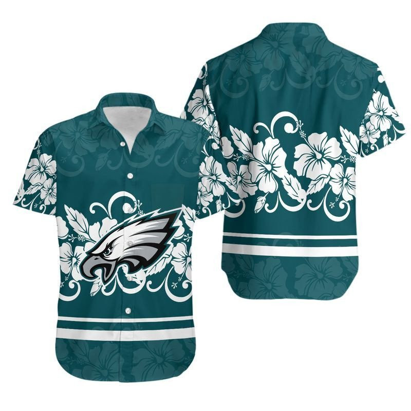 Philadelphia Eagles Hibiscus Flowers Hawaiian Shirt Tropical Aloha Button Up