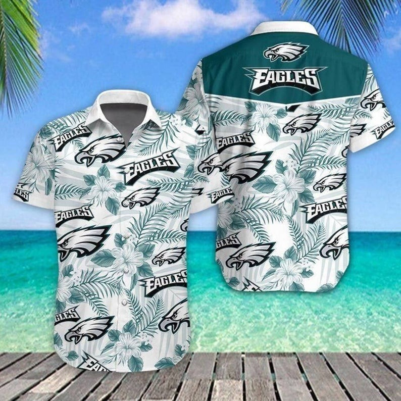 Philadelphia Eagles Many Logo And Floral Hawaiian Shirt Tropical Aloha Button Up