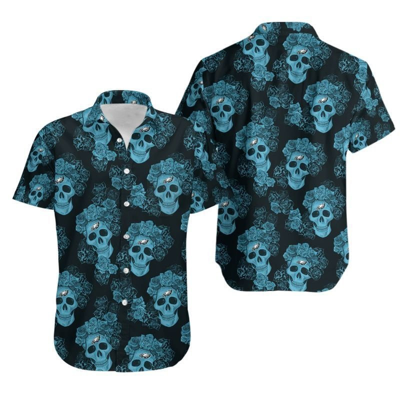 Philadelphia Eagles Mystery Skull And Flower Hawaiian Shirt Tropical Aloha Button Up