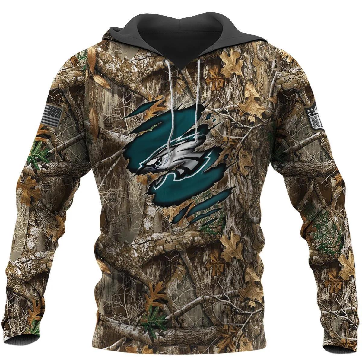 Philadelphia Eagles Realtree Hunting Camo NFL 3D All Over Print Hoodie